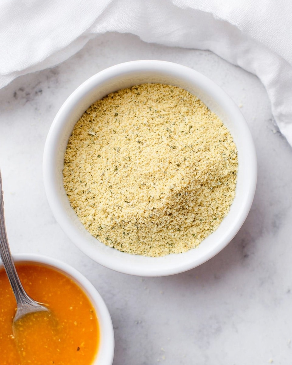 The image shows a white bowl filled with a dry, light yellow mixture that looks like seasoned bread crumbs or flour mixed with herbs. The texture is fine and crumbly with small green specks spread evenly throughout, giving it a slightly grainy look. Next to the bowl is a smaller white bowl partially filled with a bright orange liquid, possibly a sauce or beaten egg, with a silver fork resting inside. The bowls sit on a white marbled surface, and part of a white cloth is visible near the top left corner. Photo taken with an iphone --ar 4:5 --v 7