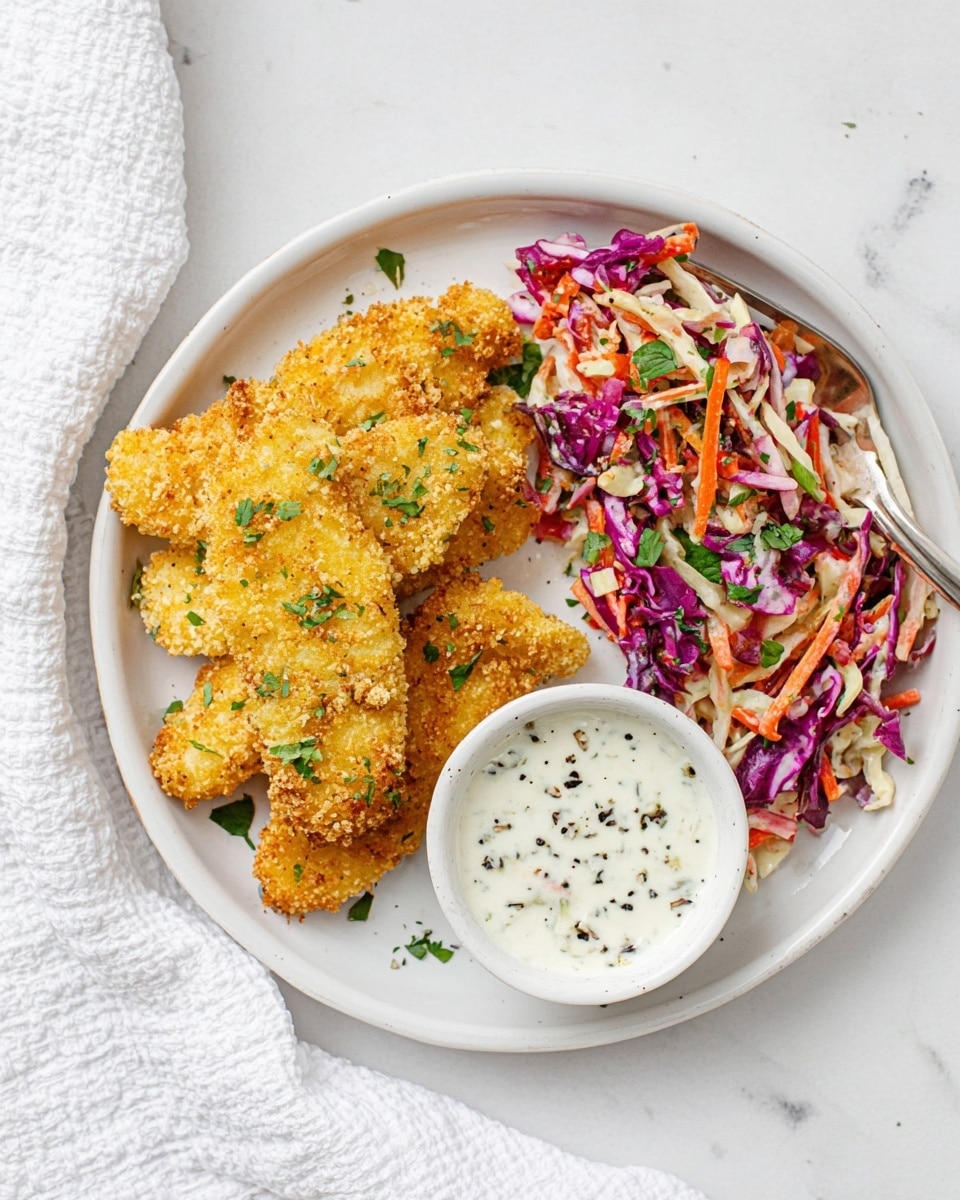 The dish shows a white plate with three golden breaded sticks placed on the left side, each with a crunchy texture and small green herb bits sprinkled on top. On the right side of the plate, a small white round bowl holds a creamy white sauce with visible black pepper bits. A woman's hand with red nail polish is dipping one of the breaded sticks into the sauce. At the back of the plate, there is a colorful salad made of shredded white cabbage, purple cabbage, orange carrot strips, and green herbs, creating a fresh and vibrant layer. The plate is set on a white marbled surface photo taken with an iphone --ar 4:5 --v 7