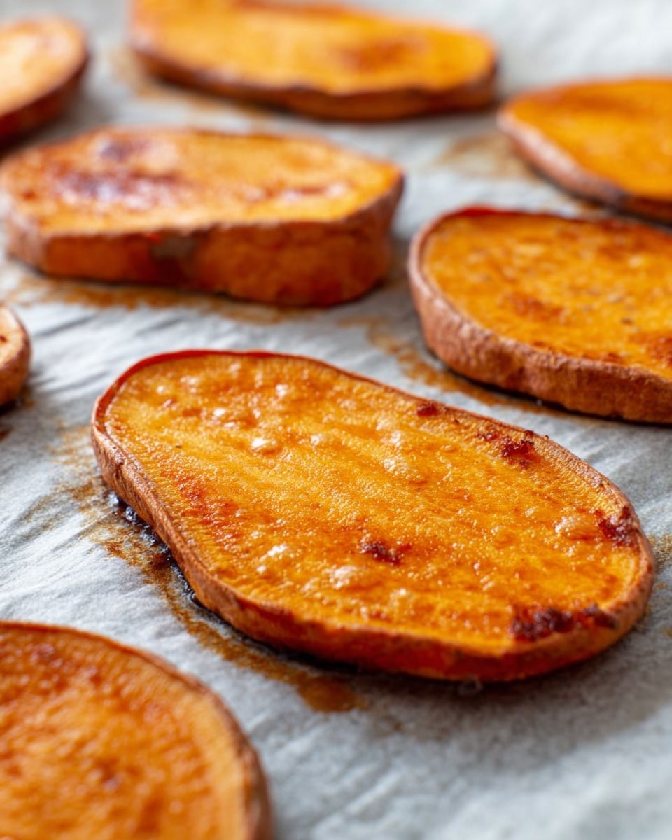 The image shows roasted sweet potato slices placed on a sheet of cooking paper over a white marbled surface. Each slice is a single layer, with a golden-orange color, smooth texture, and slightly caramelized edges that have hints of darker brown. The slices have a soft, slightly wrinkled look and appear moist with a light sheen of oil on the surface. The background is blurred but still shows more slices similarly roasted. photo taken with an iphone --ar 4:5 --v 7