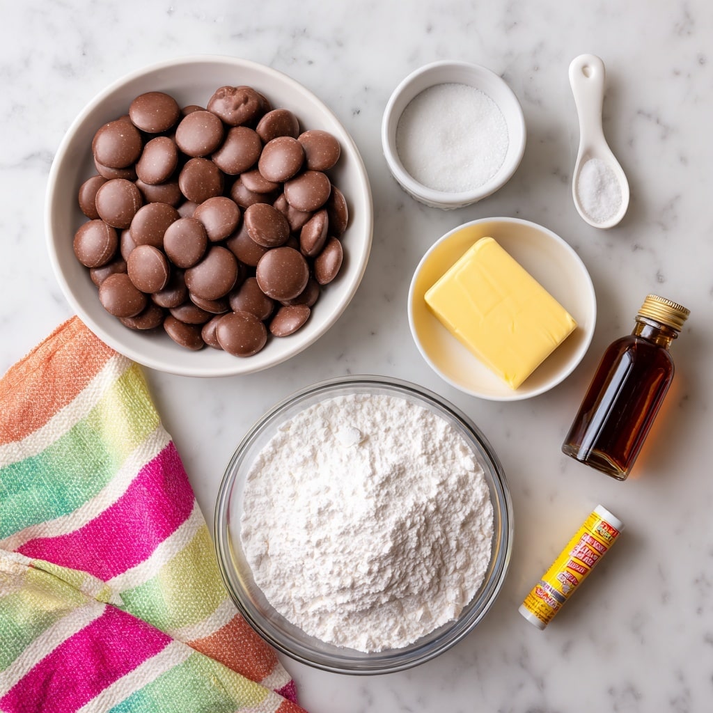 The image shows a white bowl filled with many round milk chocolate pieces at the top left. On the right side, there is a small white container with a white spoon holding salt, placed above a dark brown vanilla extract bottle. Below these, a small white bowl contains a piece of yellow butter. At the bottom left, there is a clear small glass with golden corn syrup and a tiny white bottle with milk near a colorful striped cloth in pink, green, and yellow colors. Centered at the bottom, a large clear glass bowl is filled with white powdered sugar. Near the bottom right corner, a small yellow food coloring tube is visible. All items are placed on a white marbled surface. photo taken with an iphone --ar 4:5 --v 7
