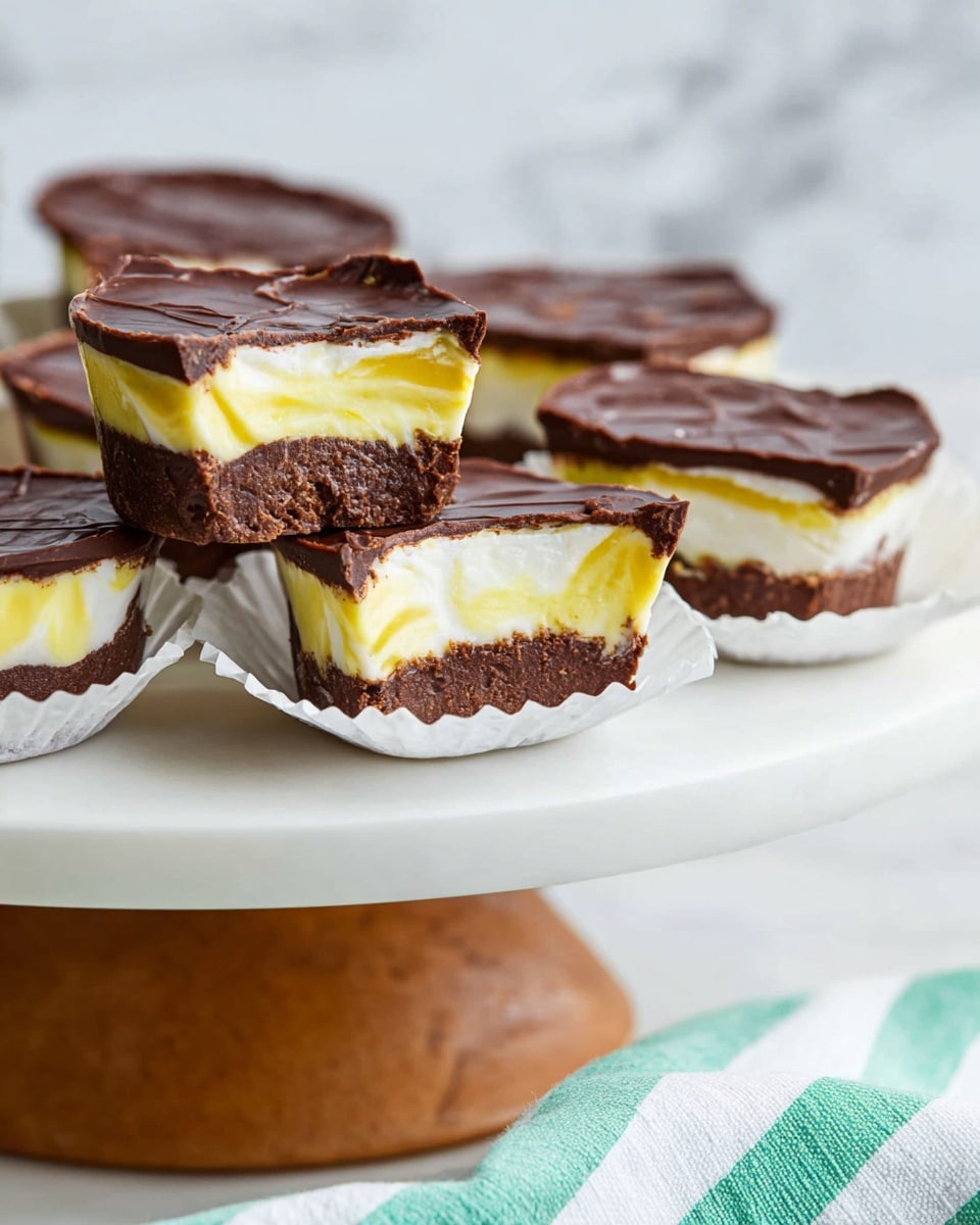 The image shows several pieces of a layered dessert, each placed in white paper cupcake liners and arranged on a white cake stand with a wooden base. Each piece has three visible layers: the bottom layer is a dark brown chocolate, the middle layer is a thick, smooth white cream with some yellow streaks, and the top layer is a glossy dark brown chocolate. The chocolate layers look firm while the middle cream layer looks soft and slightly fluffy. The background features a white marbled surface with a soft focus, and part of a striped green and white cloth is visible at the bottom. Photo taken with an iphone --ar 4:5 --v 7