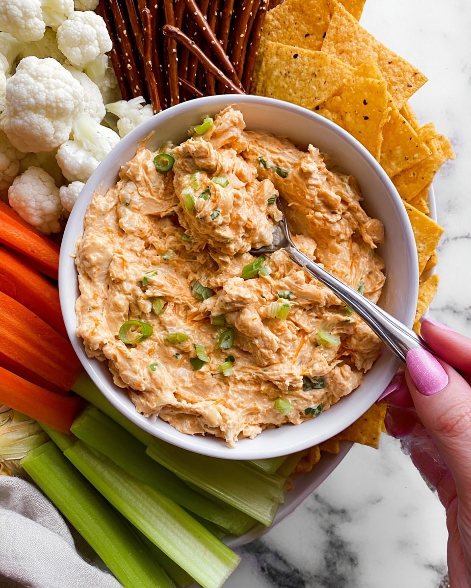 A white bowl filled with a creamy, chunky dip that has a light orange color mixed with small green pieces on top, giving a textured look. A silver spoon is inside the bowl, held by a woman's hand with light skin and pink nail polish. Surrounding the bowl are fresh white cauliflower florets, long orange carrot sticks, pale green celery sticks, dark brown pretzels, and light yellow tortilla chips arranged in clusters. The whole scene is set on a white marbled surface. photo taken with an iphone --ar 4:5 --v 7