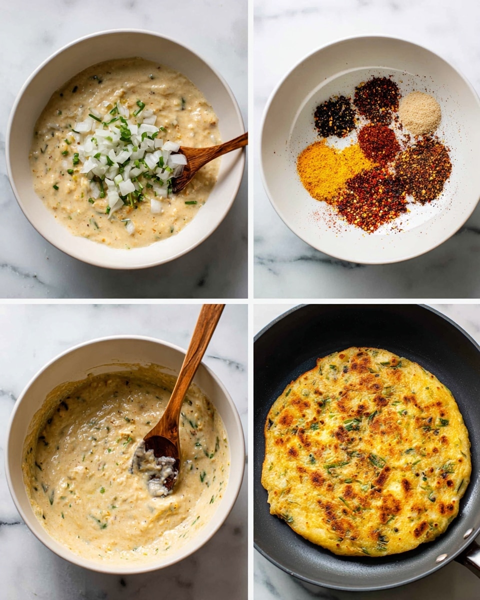 A sequence of four images shows the process of making a thick batter-based dish. The first image has a white bowl filled with creamy beige batter topped with chopped white onions and green herbs on one side, with a wooden spoon resting inside. The second image shows the same bowl with the batter now sprinkled with red, black, and yellow spices in small piles on the surface, the wooden spoon still inside. The third image shows the batter mixed smoothly with a few green herb pieces visible, the wooden spoon resting in the mixture. The fourth image shows a round, golden-yellow flatbread cooking in a black pan, the flatbread has visible green herb bits, and the surface below is white marble. Photo taken with an iphone --ar 4:5 --v 7