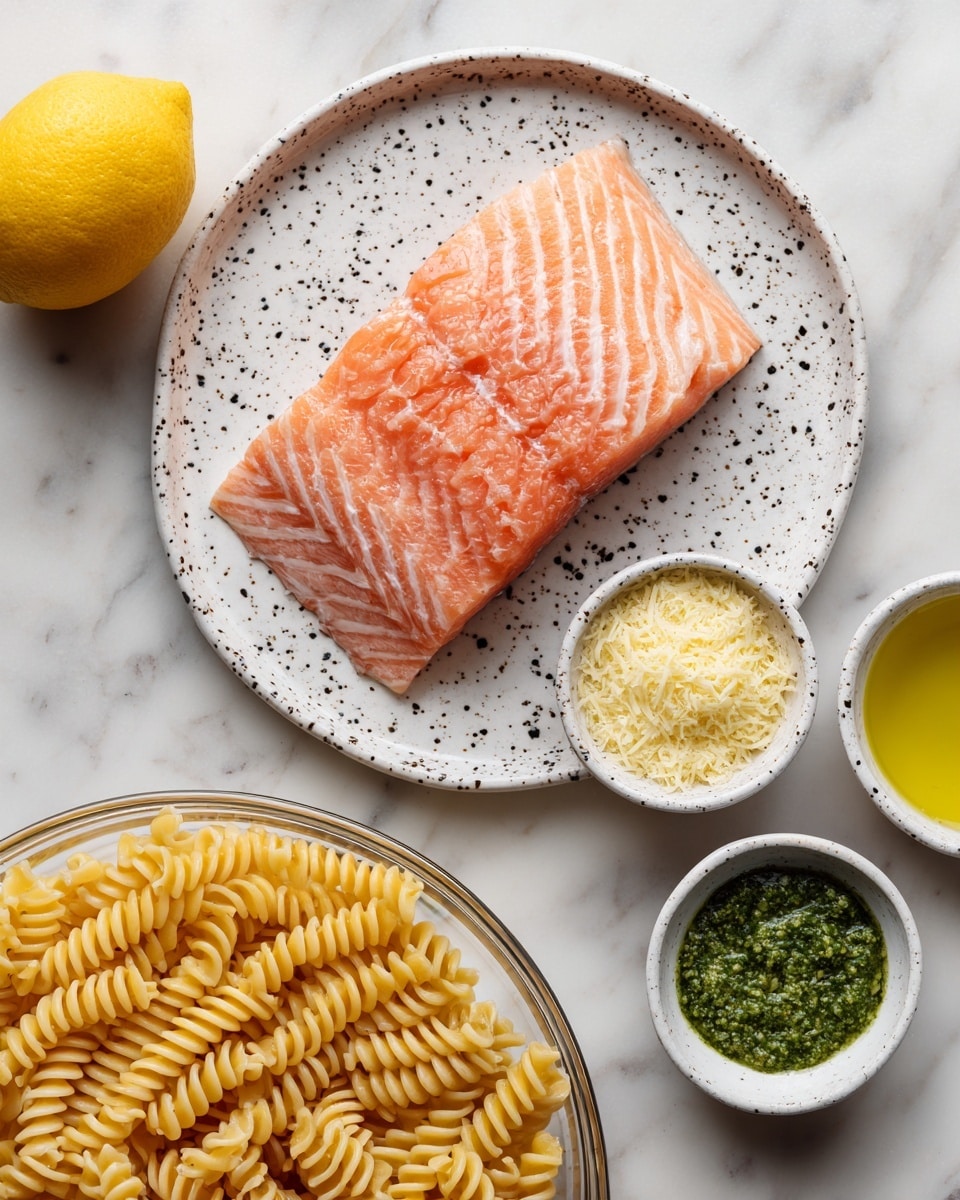 A white plate with black speckles holds one raw salmon fillet, light pink with white lines. Surrounding the plate are small white bowls: one with yellow grated Parmesan cheese, one with green pesto sauce, and one with light green olive oil. There is a bright yellow lemon to the left of the plate. Below the plate is a clear glass bowl filled with uncooked spiral pasta in a light yellow color. The background is a white marbled surface. Photo taken with an iphone --ar 4:5 --v 7