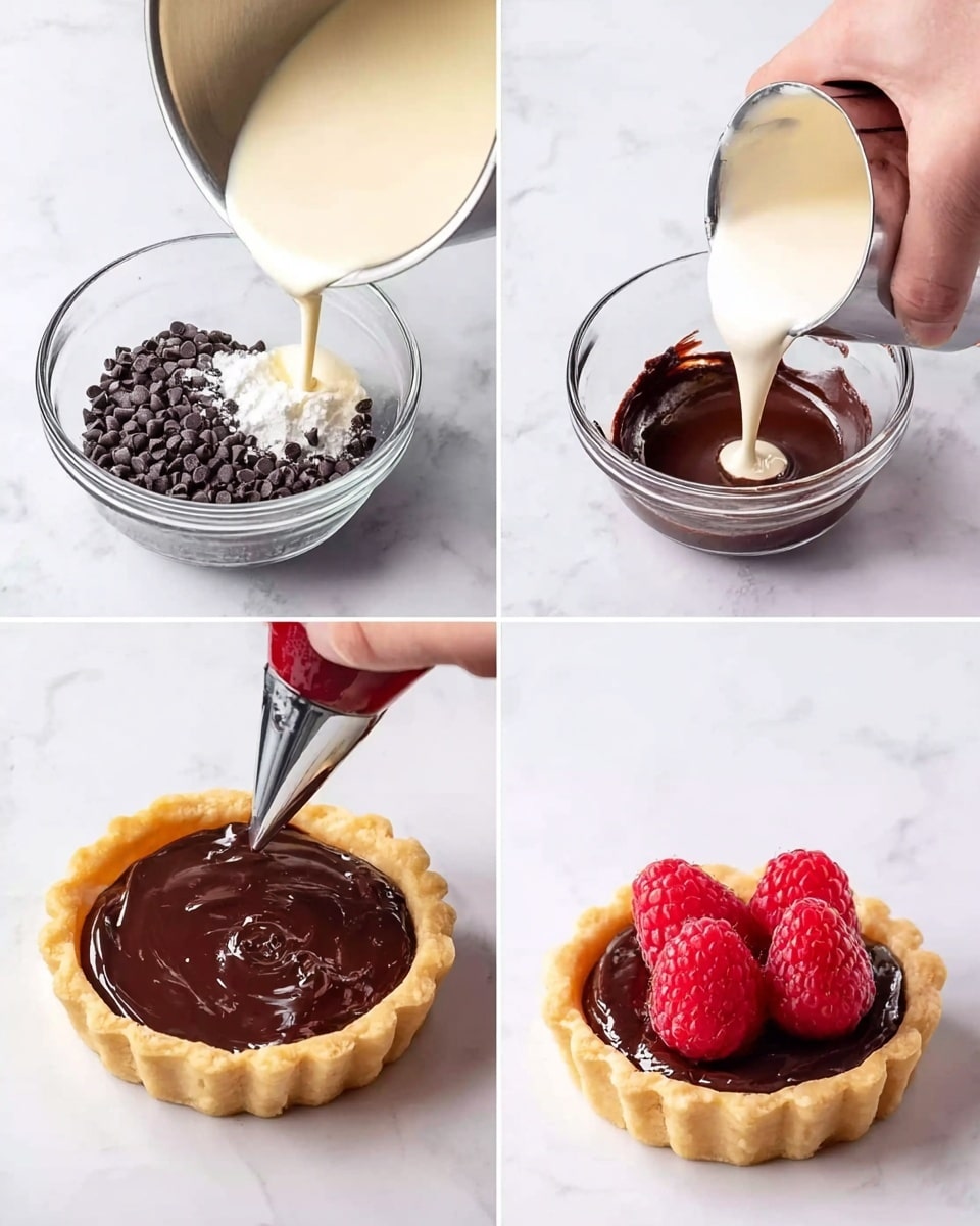 A set of four close-up images showing the making of a small tart. The first image shows a clear glass bowl with dark chocolate chips inside, and a saucepan with cream is being poured into it, all on a white marbled surface. The second image shows a clear glass bowl with melted chocolate mixed with cream, and a saucepan pouring more cream into the bowl, held by a woman's hand, also on a white marbled surface. The third image shows a small golden brown tart shell on the white marbled surface, with a woman's hand squeezing a piping bag to fill the shell with a thick, dark chocolate filling. The fourth image shows the same tart shell filled with chocolate, topped with three bright red raspberries, sitting on the white marbled surface. photo taken with an iphone --ar 4:5 --v 7