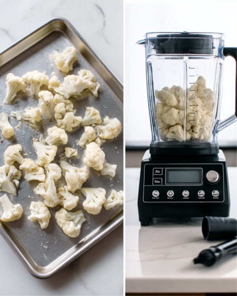 The image shows two side-by-side photos: on the left, small white cauliflower pieces arranged in a single layer on a silver baking tray. The florets are uneven in size and have a soft, textured look with some light seasoning. On the right, the same cauliflower pieces fill about half of a clear blender jar placed on a modern black blender base, situated on a white marbled countertop. The blender has a digital control panel with buttons and a dial, and a black tamper tool rests beside the blender on the countertop. photo taken with an iphone --ar 4:5 --v 7