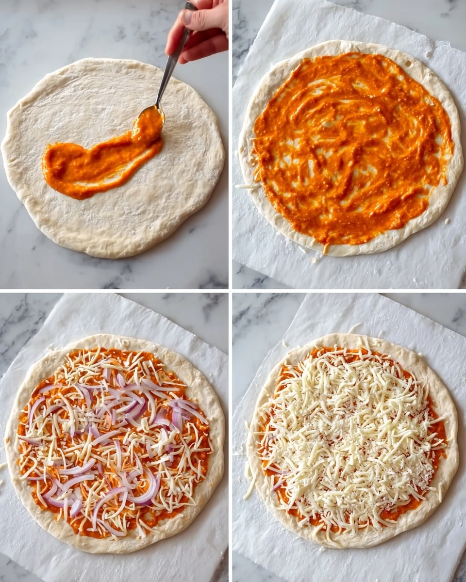 A sequence of four images shows the making of a pizza on a white marbled surface. The first image has a round white dough with rough edges and a spoon held by a woman's hand spreading bright orange sauce in the center. The second image shows the dough fully covered with the same orange sauce, evenly spread and textured. The third image adds a layer of thin, shredded red and white onions scattered over the sauce. The fourth image finishes with a thick layer of white shredded cheese covering the onions and sauce, almost reaching the dough’s edge. Photo taken with an iphone --ar 4:5 --v 7