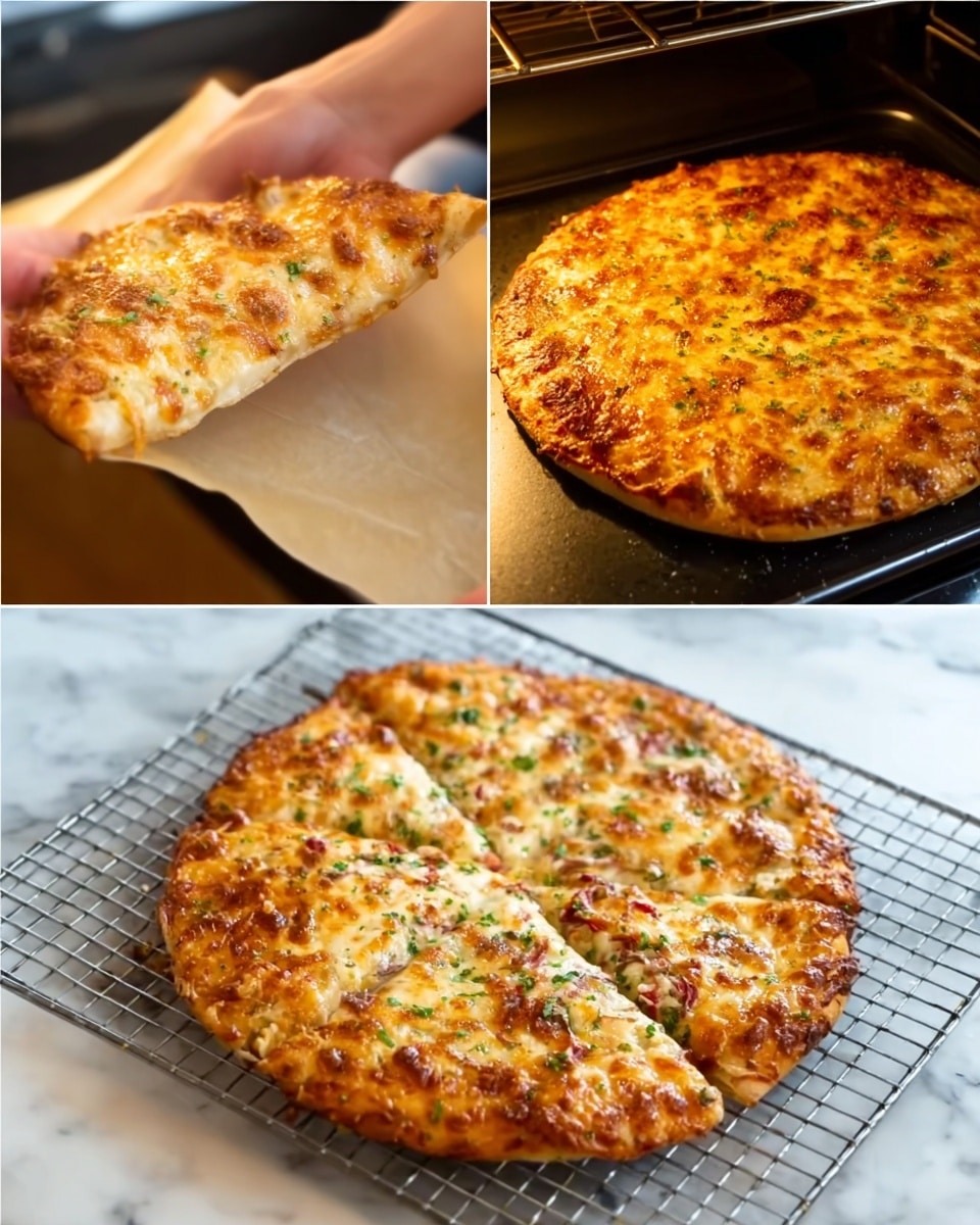 The image shows a cheese pizza being taken out from an oven by a woman's hand in three different close-up shots, the pizza is round with a golden-brown baked crust and melted cheese that looks slightly bubbly and browned on top. The last image shows the whole pizza placed on a metal cooling rack, revealing some green herbs and red bits spread on the cheese, indicating the presence of toppings under the cheese, with the crispy crust edges clearly visible. The background surface for all images is a white marbled texture. Photo taken with an iphone --ar 4:5 --v 7