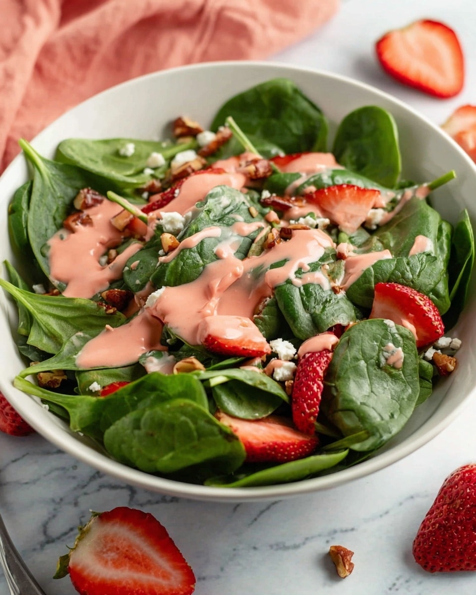 A white bowl filled with fresh spinach leaves forms the base layer, showing smooth, deep green leaves with some stems visible. Scattered over the spinach are thin, bright red strawberry slices and small pieces of chopped nuts with a reddish-brown color. Crumbled white cheese is sprinkled lightly on top, adding small bits of texture. A pink creamy dressing is drizzled over the spinach and strawberries in an uneven pattern, adding a smooth contrast to the leafy texture. The bowl is set on a white marbled surface with extra strawberry slices and nuts placed around it. photo taken with an iphone --ar 4:5 --v 7
