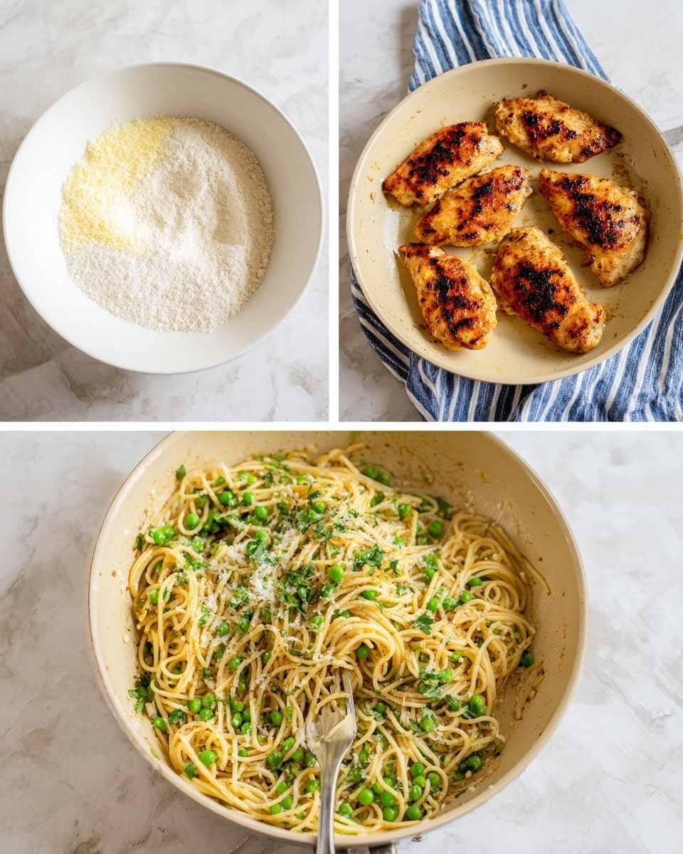 The first image shows a white bowl on a white marbled surface filled with several white and light yellow powders, mixing spices and flour. The second image features a beige frying pan holding five pieces of golden brown cooked chicken with charred spots. The pan rests on the same white marbled surface with a striped blue and white cloth nearby. The third image displays a beige pan filled with creamy spaghetti mixed with bright green peas and sprinkled with fresh green herbs, with a fork standing upright in the noodles. Photo taken with an iphone --ar 4:5 --v 7