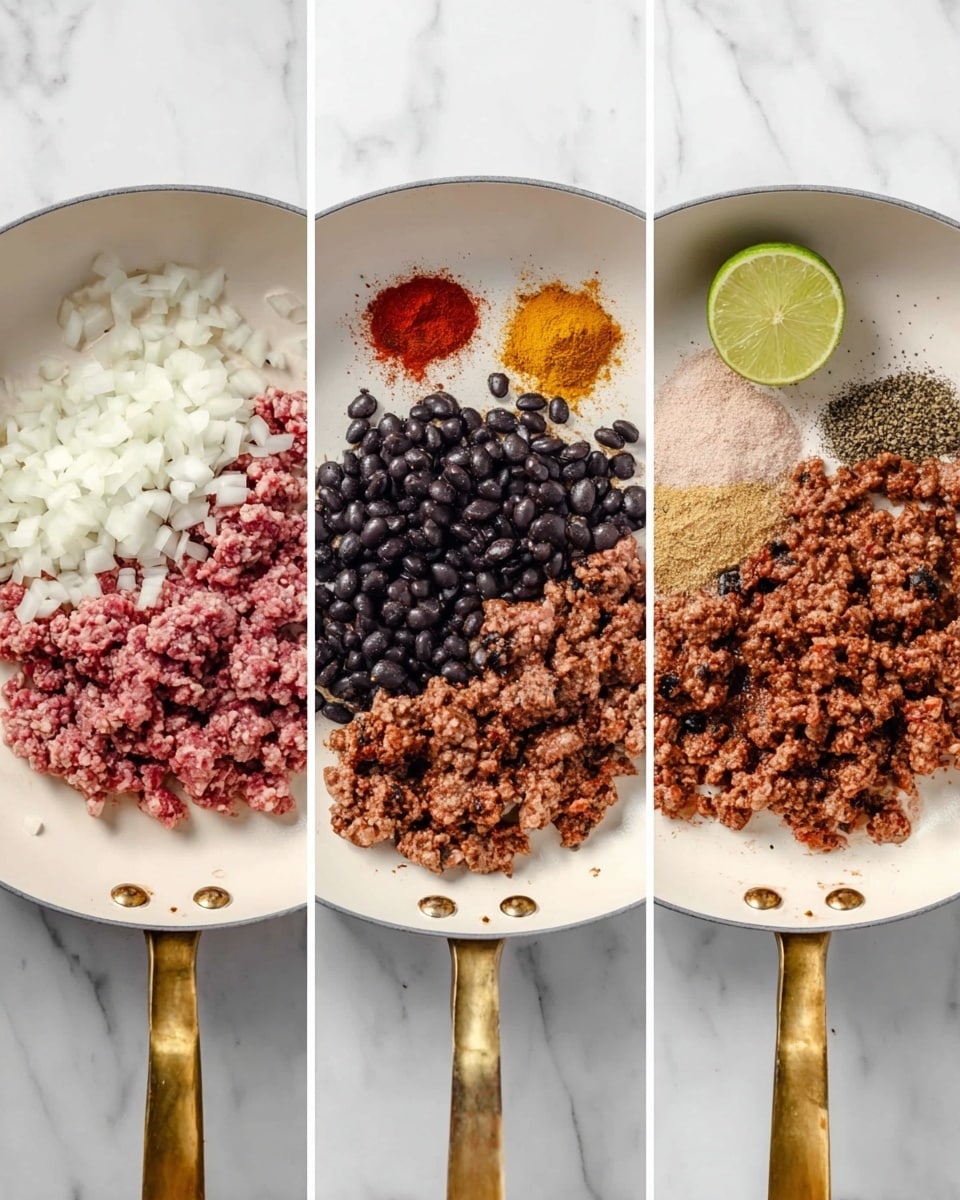 The image shows three side-by-side photos of a cooking pan on a white marbled surface. In the first photo, the pan holds raw ground meat and chopped white onions on the left side, with the ingredients separated but nearly filling the pan. The second photo shows the pan with cooked ground meat, black beans, and several spices arranged in small piles around the pan: a small mound of yellow powder, a mound of red powder, and piles of light brown powders. The last photo displays the meat fully cooked and mixed with the spices and beans, with a rich brown color and a crumbly texture. On the marble surface next to the pan is half a lime. The pan is white with a golden handle. photo taken with an iphone --ar 4:5 --v 7