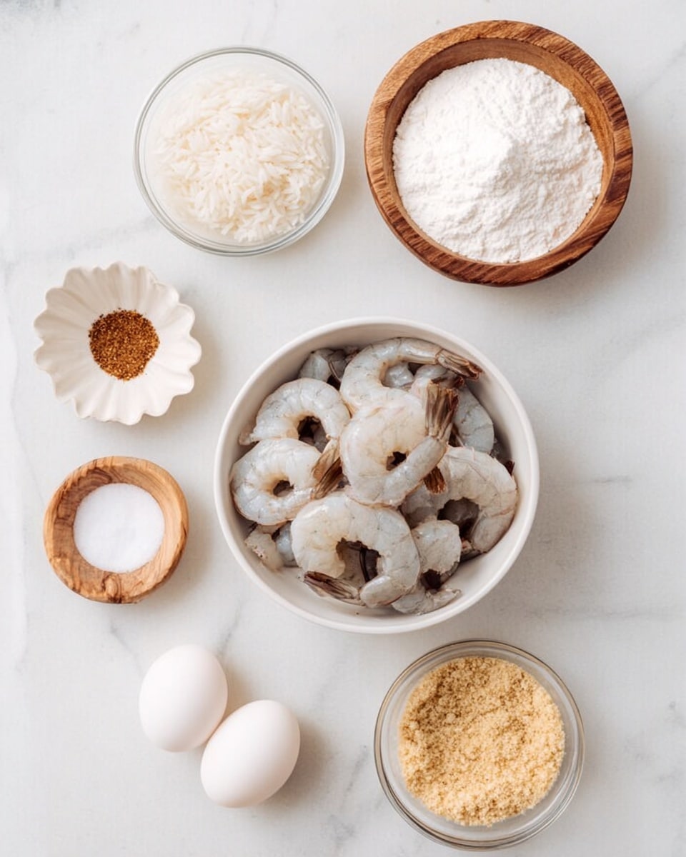 A white bowl filled with raw shrimp placed on a white marbled surface, surrounded by five small bowls arranged loosely around it. At the top right, a small wooden bowl holds white flour, below it a white bowl is filled with cooked white rice. To the left of the rice, a wooden bowl contains salt, and next to it, a white flower-shaped dish has a small pile of brown seasoning. At the bottom right, a wooden bowl holds light brown breadcrumbs, and a clear glass bowl with two white eggs is at the bottom left. The image is bright and clean with a simple flat lay style, photo taken with an iphone --ar 4:5 --v 7