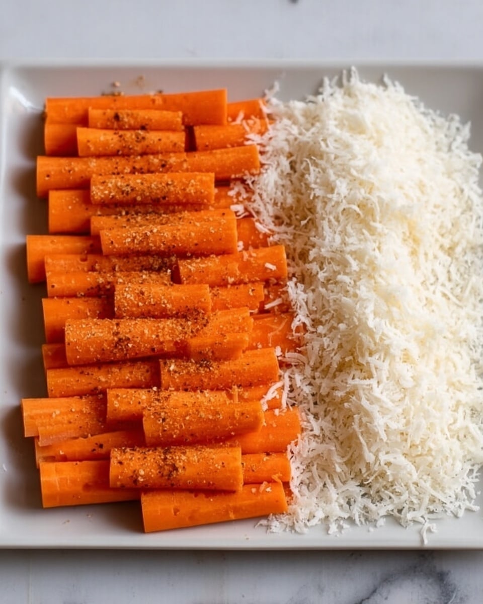 The image shows a rectangular white plate on a white marbled surface. On the left side of the plate, there are neat rows of bright orange carrot sticks, cut into short, thick pieces. The carrot sticks are sprinkled lightly with small brown spices and coarse salt. On the right side of the plate, there is a pile of fine, white shredded coconut, creating a soft, fluffy texture. The contrast between the vibrant orange carrots and the white shredded coconut is clear and visually appealing. photo taken with an iphone --ar 4:5 --v 7