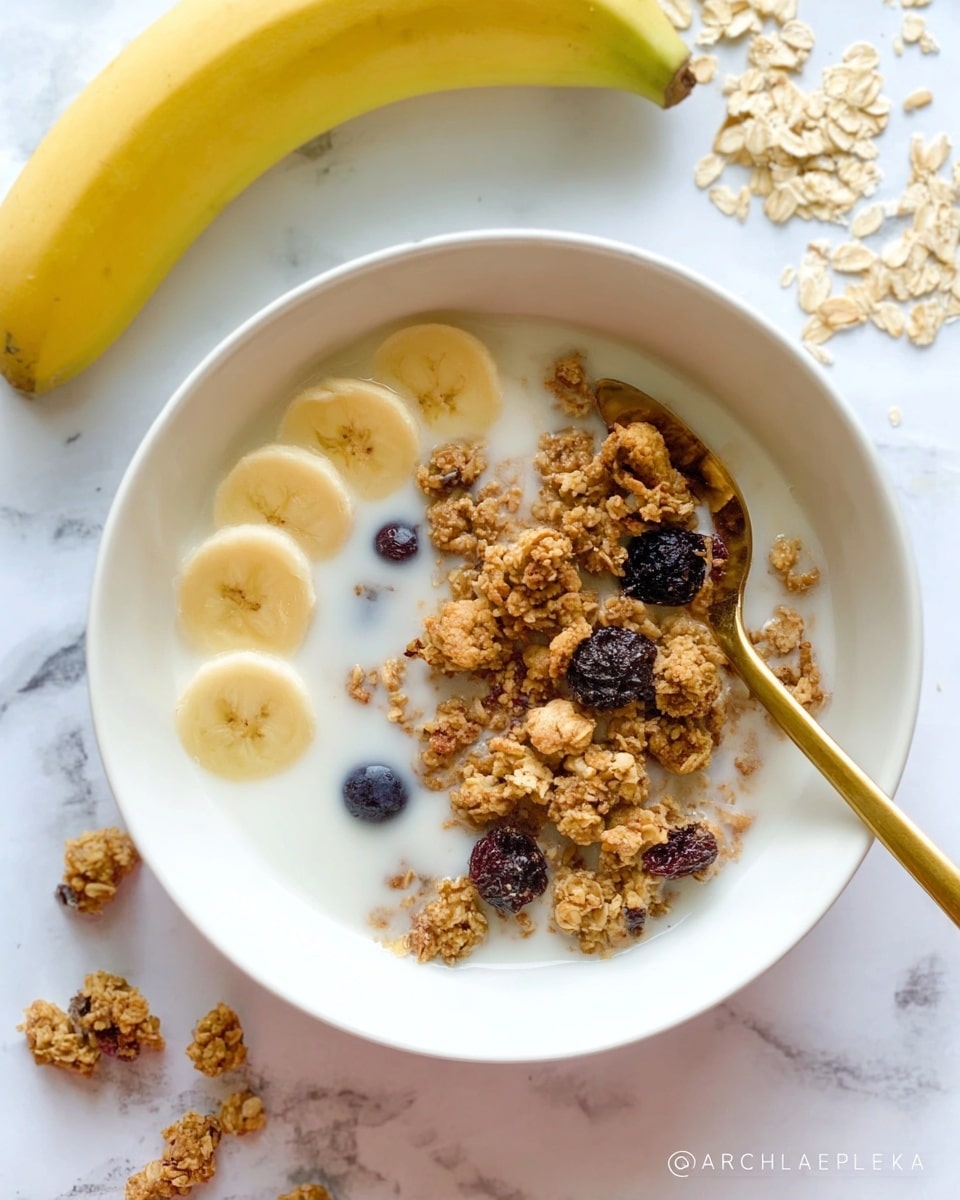 The image shows six ingredients arranged neatly on a white marbled surface: in the center, a clear glass bowl filled with dry oats, beige and rough textured; to the right of the oats, a ripe yellow banana with brown spots, positioned diagonally. Below the oats, three small clear glass bowls hold maple syrup, smooth and amber-colored; cinnamon, a small pile of reddish-brown powder; and salt, a small pile of white crystals. To the left of the oats, another small clear glass bowl contains shiny, smooth almond butter in a small scoop. All ingredients are evenly spaced and the scene is bright and clear, photo taken with an iphone --ar 4:5 --v 7