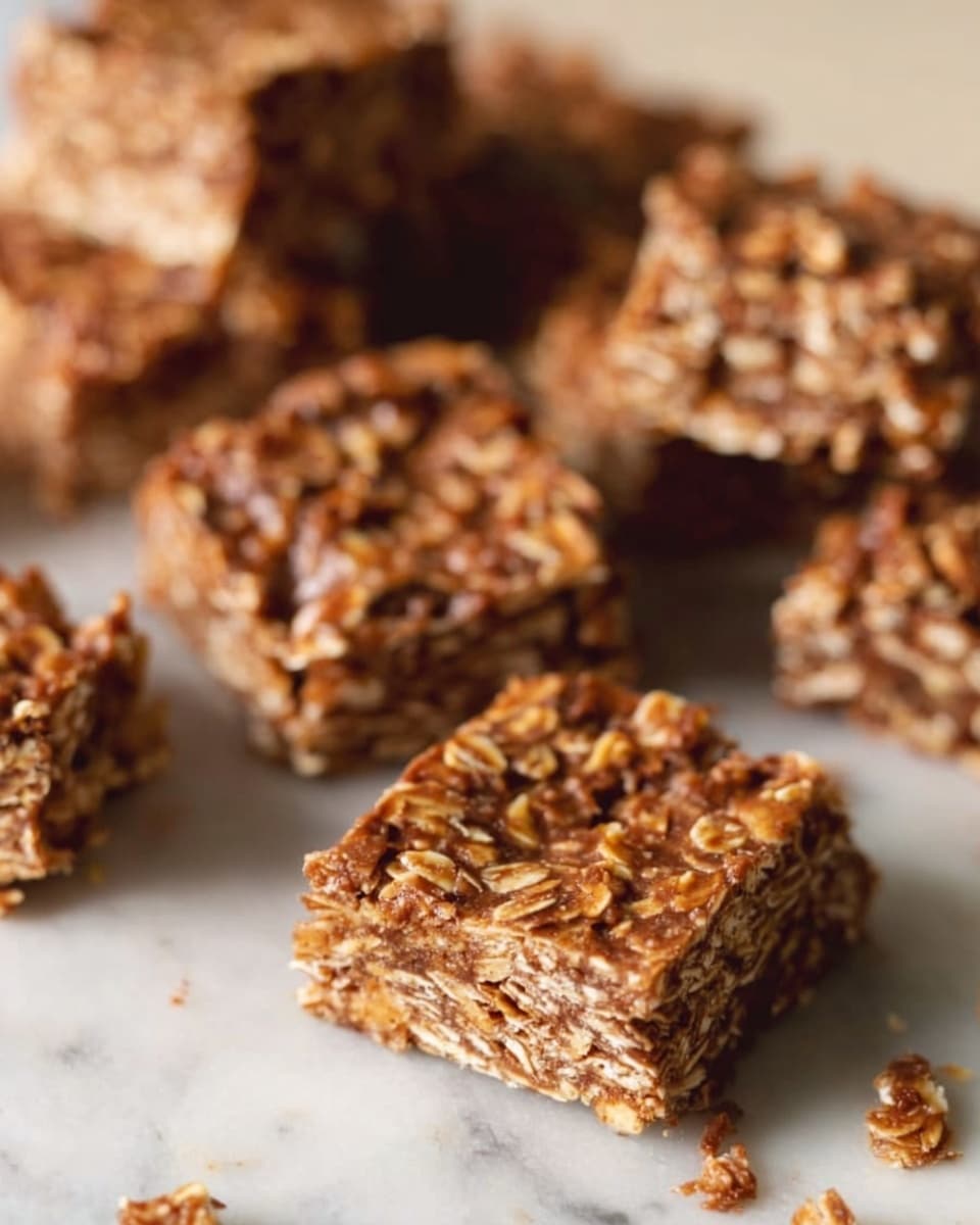 The image shows two square oat bars stacked on top of each other on a light wood surface with a white marbled background. Each bar has two visible layers: the bottom layer is thick and dense with a mix of oats and chocolate pieces, giving it a slightly shiny and rough texture; the top layer is a bit thinner, darker brown, and appears more uniform with chunks of oats and nuts scattered throughout. The sides show a cross section revealing the mix of oats and chocolate in both layers. The focus is sharp on the bars, while the background is softly blurred. Photo taken with an iphone --ar 4:5 --v 7