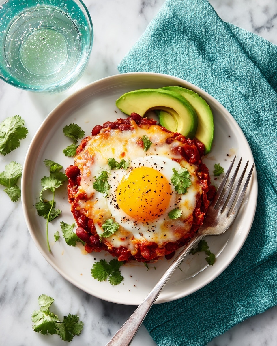 A white plate holds a layered dish with three visible layers: the bottom layer is a textured, slightly browned base, the middle layer is a chunky, reddish sauce with bits of vegetables or meat, and the top layer is a perfectly cooked egg with a bright yellow yolk and white edges, sprinkled with black pepper and fresh green cilantro leaves. On the side, there are slices of green avocado and lime wedges, also sprinkled with black pepper. The plate is set on a white marbled surface with a green cloth napkin and a silver fork nearby, and a clear glass of water is visible in the background. Photo taken with an iphone --ar 4:5 --v 7