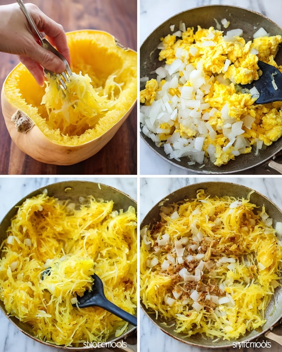 A close-up view of four parts showing the making of a stuffed spaghetti squash dish: the first part shows a woman's hand using a fork to pull out the yellow, stringy flesh from a halved spaghetti squash sitting on a brown wooden surface; the second part shows a skillet with lightyellow scrambled eggs mixed with translucent, soft white onion rings; the third part displays bright yellow shredded spaghetti squash mixed with small white chunks of cooked onion in the skillet; the fourth part shows the skillet again with a mix of light yellow scrambled eggs, shredded bright yellow squash, and some brown bits likely from cooking, all stirred together with a black spoon. The images are set against a white marbled surface, photo taken with an iphone --ar 4:5 --v 7