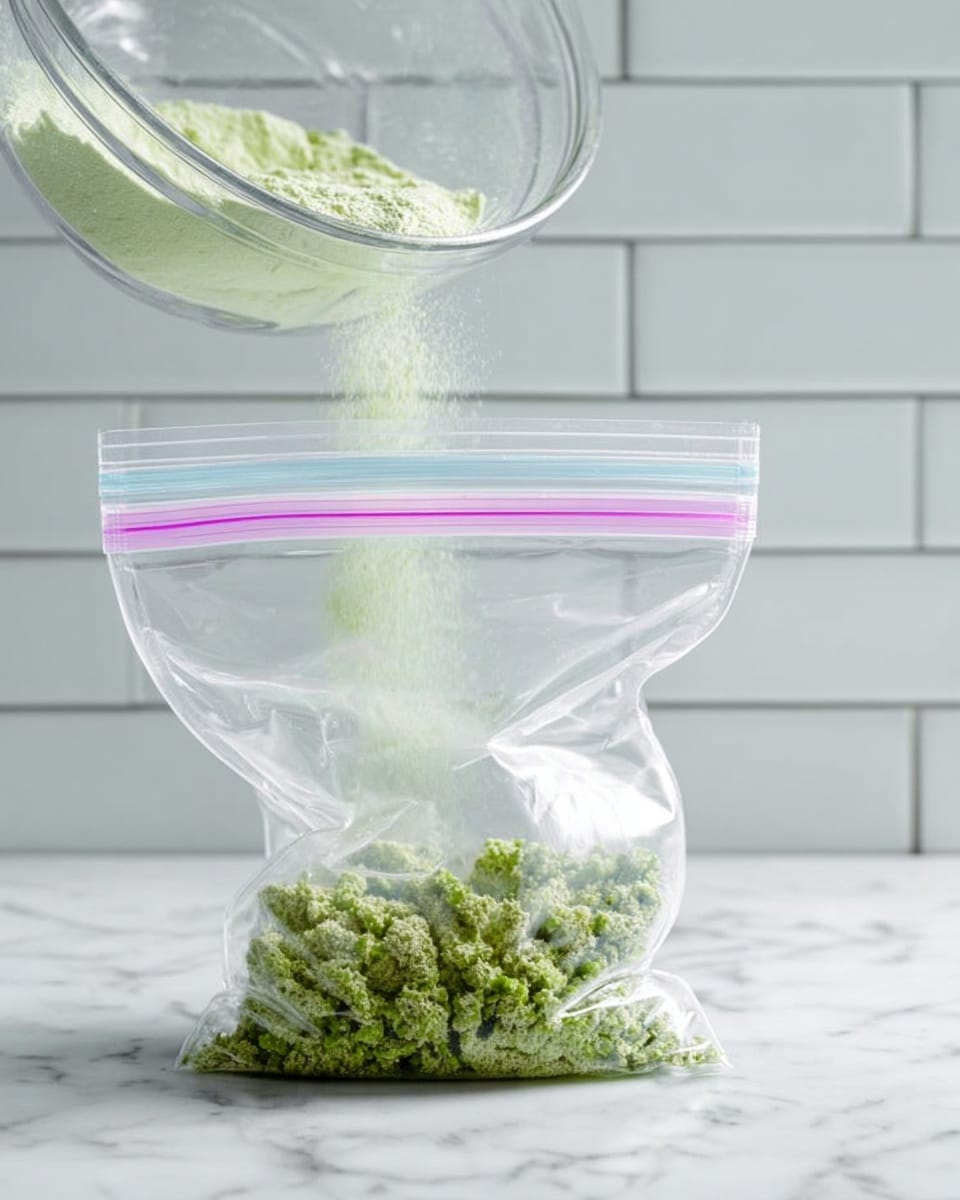 A clear plastic zipper bag stands open on a white marbled surface, filled with small green pieces of food inside. Above the bag, a clear glass bowl is tilted as pale green powder is gently poured into the bag. The background shows a white tiled wall with horizontal lines, giving a clean kitchen look. The image captures the moment just as the powder begins to fall into the bag. photo taken with an iphone --ar 4:5 --v 7