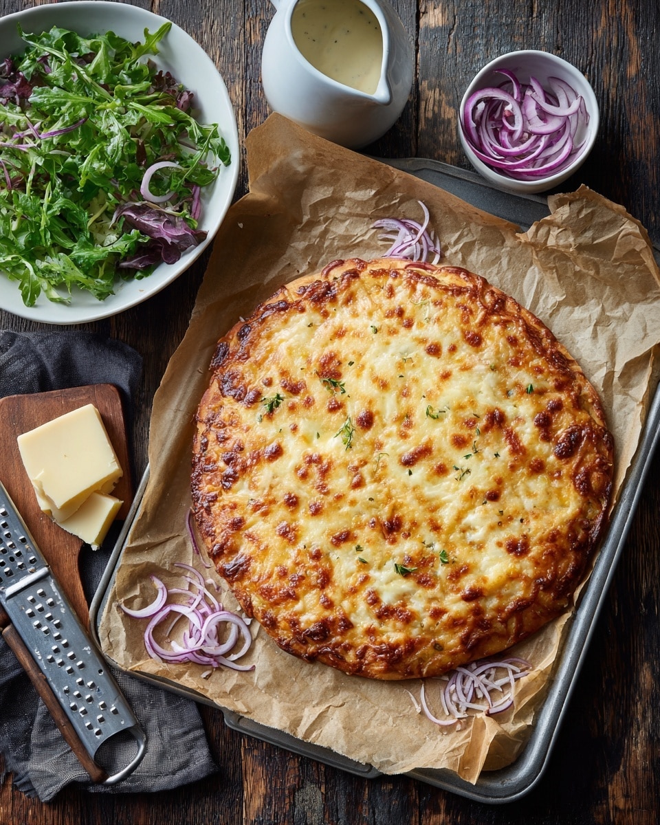 A round pizza with a golden brown cheesy top layer sits on a sheet of brown parchment paper on a baking tray, with some melted cheese slightly spilling over the edges. The cheese layer is bubbly and textured with small browned spots. Next to the pizza are thin slices of purple onion scattered on the parchment. Below the pizza, there is a block of pale yellow cheese and a metallic grater. To the left, a white bowl filled with green leafy salad with a creamy dressing and a white small pitcher of dressing are placed on a dark wooden surface. In the upper right corner, a small white bowl contains more thin purple onion slices. The background texture is dark wood contrasting with the white bowls and pitcher. Photo taken with an iphone --ar 4:5 --v 7
