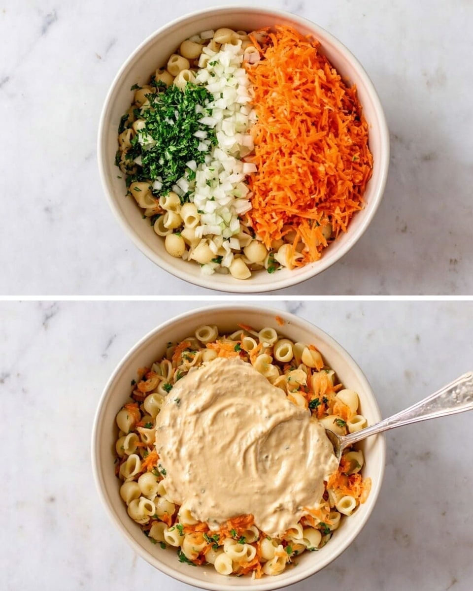 A white bowl filled with small pasta shapes forms the base layer at the bottom. On top of the pasta, there are finely chopped green herbs on one side, finely chopped white onions on another side, and bright orange shredded carrots covering about a third of the bowl. The second image shows the same white bowl with the same pasta, carrots, and herbs mixed, now topped with a thick, creamy beige sauce spread unevenly on top, with a spoon resting inside the bowl. The background and surface are white marble. Photo taken with an iphone --ar 4:5 --v 7