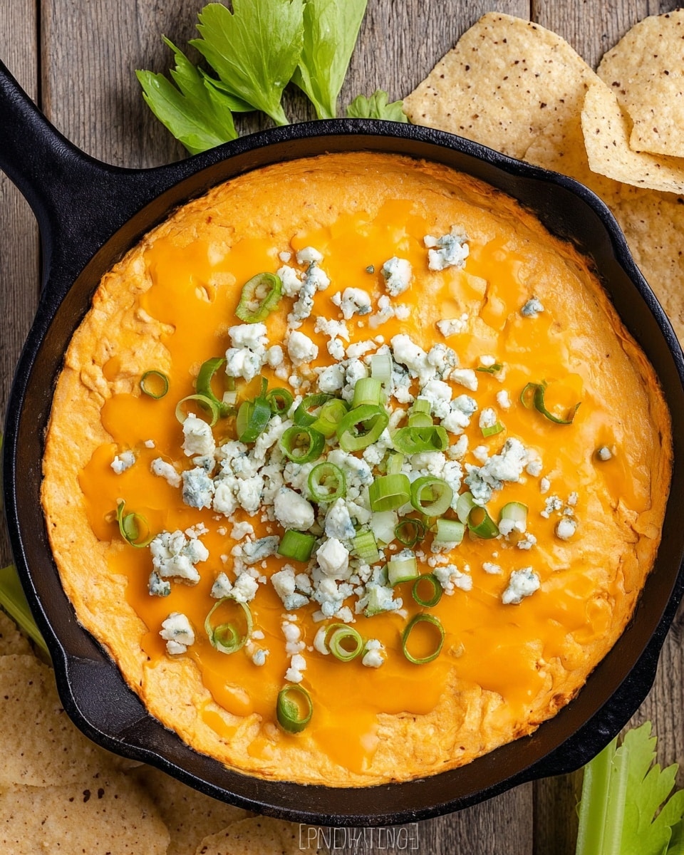 A close-up view of a black cast-iron pan filled with a thick, creamy orange dip, which is topped with white crumbled cheese and chopped green onions scattered evenly across the surface. A woman’s hand is dipping a light-colored, triangular chip into the dip at the left side of the image. The pan sits on a white marbled surface with a blurred background showing a glass of golden liquid. The dip has a smooth, rich texture with visible swirls. Photo taken with an iphone --ar 4:5 --v 7