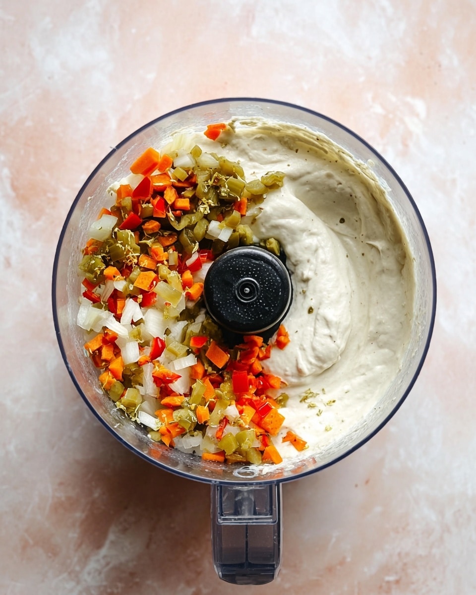 A clear food processor bowl filled with a thick, creamy white base on the right side, mixed with finely chopped colorful vegetables on the left side, including orange carrot pieces, green pickles, red peppers, and white onion bits, all sitting on a white marbled surface, photo taken with an iphone --ar 4:5 --v 7