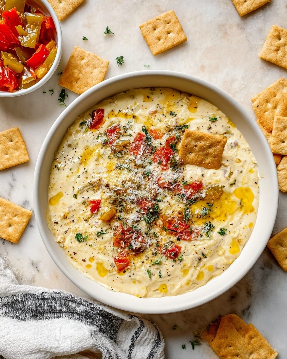 A large white bowl filled with creamy, light yellow cheese dip topped with small pieces of red, orange, and green roasted peppers, finely chopped green herbs, and a drizzle of golden oil, with some grated cheese and black pepper sprinkled on top; a single cracker is dipped into the dip near the center of the bowl. Surrounding the bowl are scattered square saltine crackers on a white marbled textured surface, with a smaller white bowl above containing a mix of the roasted peppers in oil. A folded white cloth with black stripes is partially visible on the bottom left corner. Photo taken with an iphone --ar 4:5 --v 7