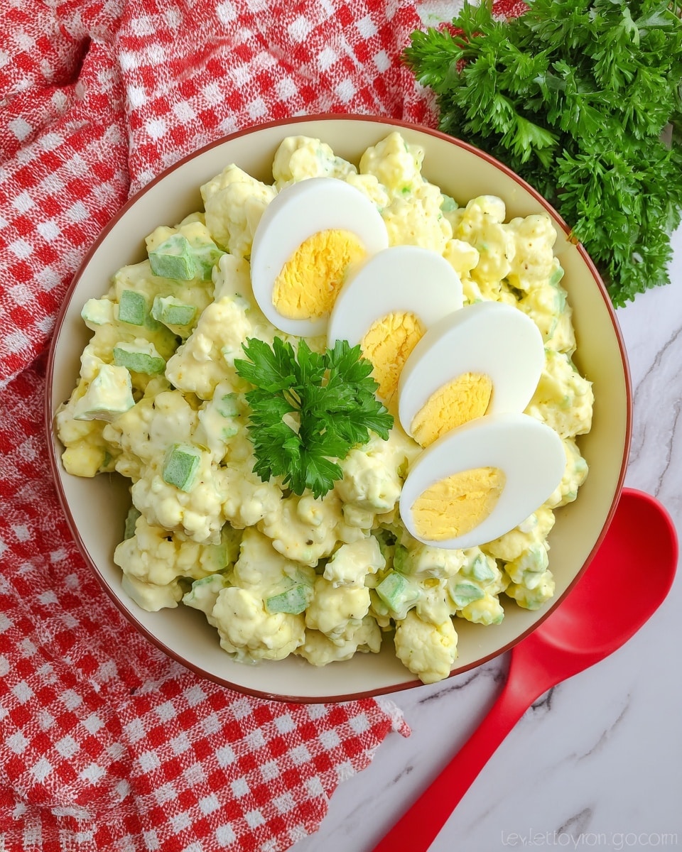 The image shows a white bowl filled with a creamy yellow cauliflower salad that has small chunks of cauliflower and green celery mixed in. On top of the salad, there are three slices of hard-boiled egg with bright yellow yolks and white edges, layered neatly. A small bunch of fresh green parsley is placed on the sliced eggs as garnish. The bowl is set on a white marbled surface next to a red spoon, and a red and white checkered cloth and more fresh parsley are visible in the background. photo taken with an iphone --ar 4:5 --v 7