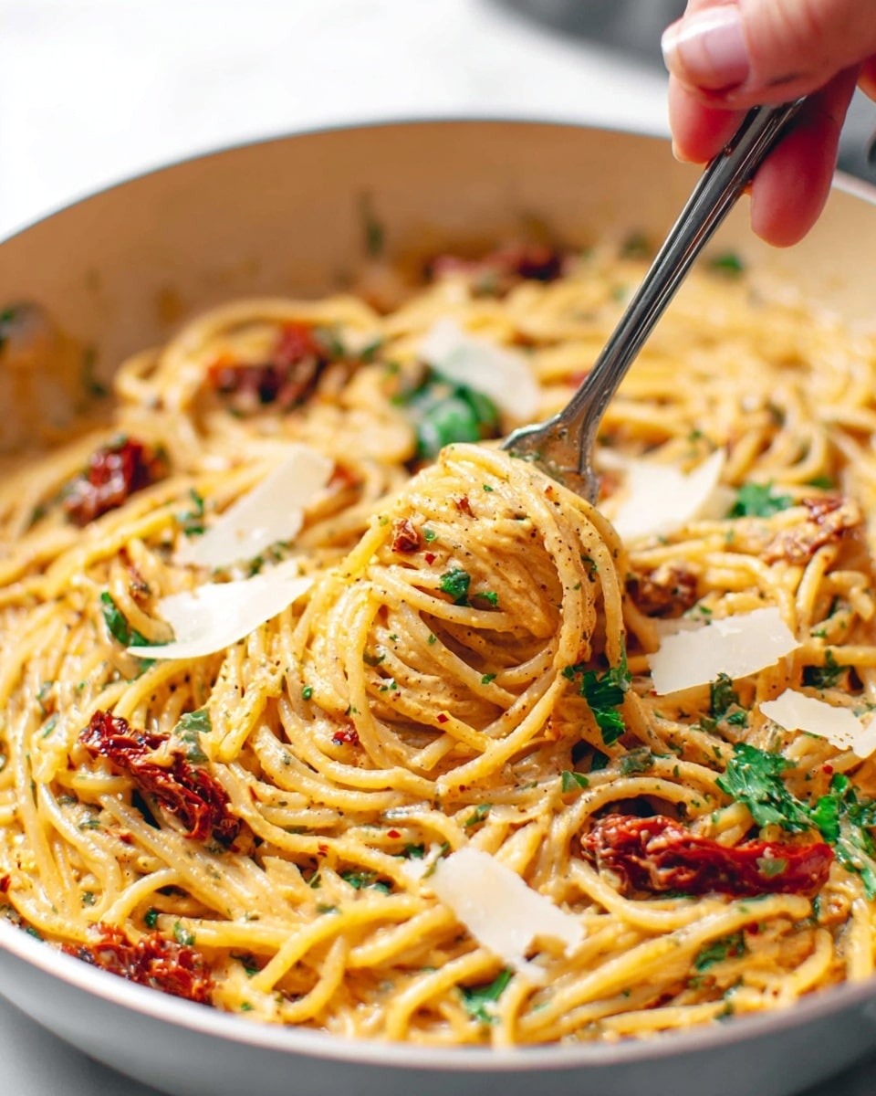 A close-up view of creamy spaghetti in a white pan, with a woman's hand holding a fork twirling a small amount of spaghetti in the center. The spaghetti is coated with a rich, light orange sauce mixed with green herbs and black pepper specks. There are dark red sun-dried tomato pieces and white shavings of cheese scattered on top, all sitting on a white marbled surface. The colors show layers of creamy sauce, green parsley leaves, and bits of seasoning mixed evenly throughout the noodles photo taken with an iphone --ar 4:5 --v 7