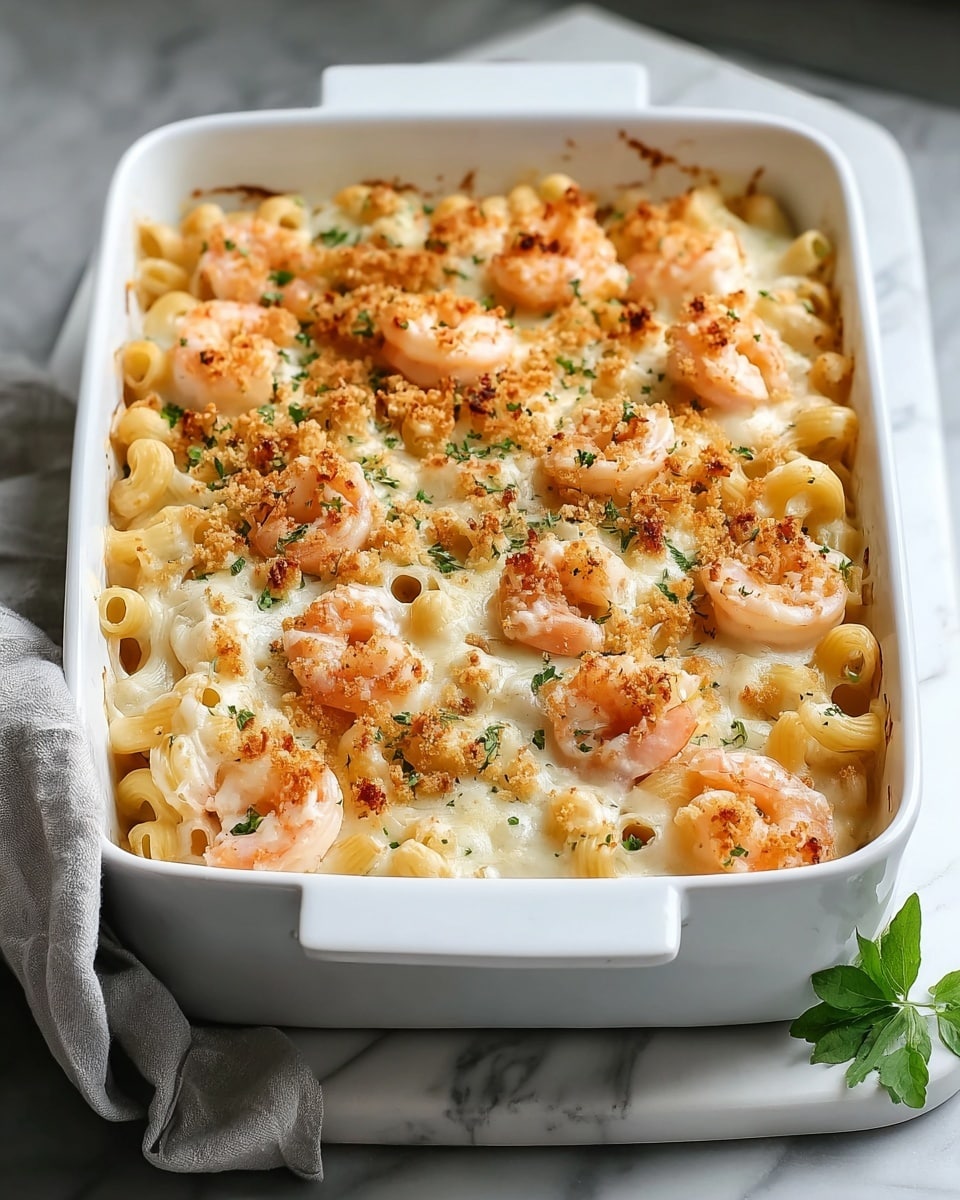 The dish shows a white rectangular baking dish filled with a baked pasta casserole. The bottom layer is short tubular pasta in a creamy white sauce. On top, there is a layer of melted white cheese mixed with golden-brown toasted crumbs. Scattered on the cheese layer are pink cooked shrimp with some green herbs sprinkled over, adding a touch of color. The baking dish sits on a white marbled surface, and there is a folded light grey cloth near one corner of the dish, with a small green herb leaf placed next to it. Photo taken with an iphone --ar 4:5 --v 7