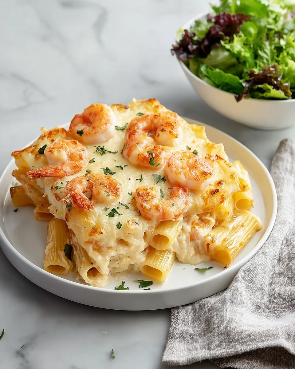A white round plate holds a creamy baked pasta dish with three distinct layers: the bottom layer is rigatoni pasta in a light creamy sauce, the middle layer is melted golden cheese spread thickly, and the top layer features several pinkish-orange cooked shrimp scattered evenly, garnished with small green herb pieces. The plate rests on a white marbled surface, with a light gray cloth napkin to the right and a white bowl of fresh green leafy salad in the background. Photo taken with an iphone --ar 4:5 --v 7