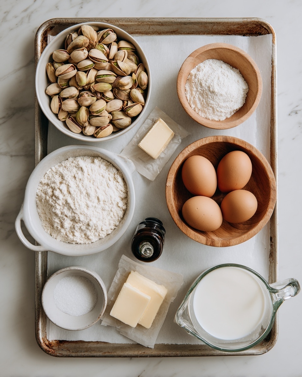 A baking tray with white parchment paper holds several ingredients for baking, each in a separate container: a white bowl filled with raw unsalted pistachios on the top left, a small wooden bowl of cornstarch next to it, a dark small bottle of almond extract to the right. Below, a wooden bowl contains three brown eggs. To the left of the eggs, a small white container of salt sits above a small piece of butter wrapped in paper. Below the butter is a white bowl of sugar. At the bottom right, a clear glass measuring cup filled with milk is placed. The background is a white marbled texture photo taken with an iphone --ar 4:5 --v 7