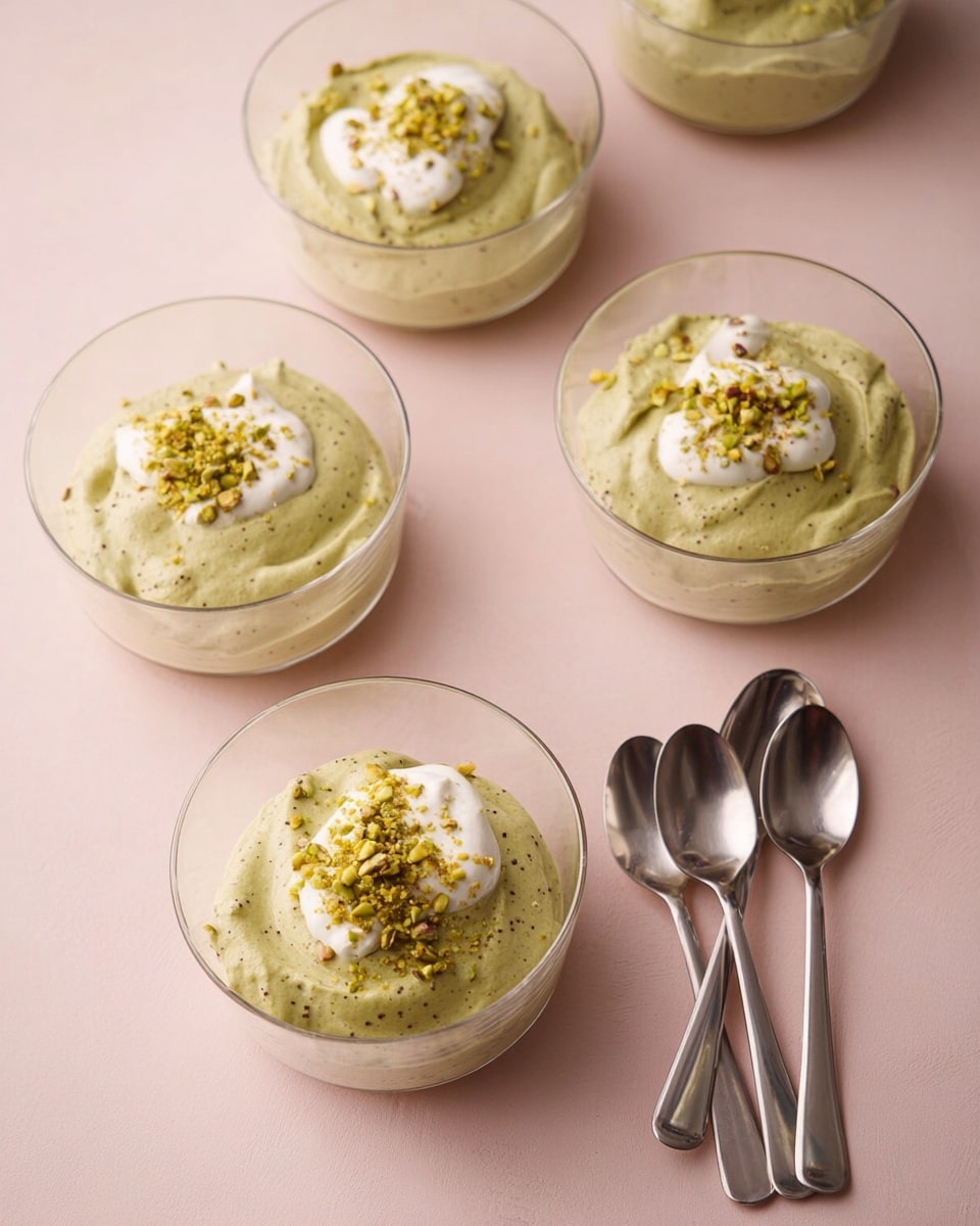 The image shows three clear glass bowls on a soft pink surface, each filled with two layers of dessert. The bottom layer is a smooth, light green pudding with a creamy texture, filling most of the bowl. On top of this is a dollop of white whipped cream, which looks fluffy and soft. The whipped cream is sprinkled with small, crushed pieces of yellow-green pistachios. In the front bowl, there is a spoon resting inside, partially submerged in the dessert. The background is softly blurred, emphasizing the bowls and their layered contents. Photo taken with an iphone --ar 4:5 --v 7