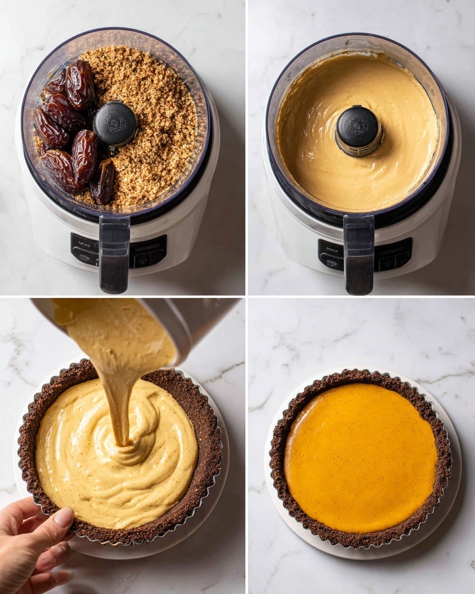 A round tart with two layers: the bottom layer is a dark brown crust with a rough texture and some visible bits, and on top, a smooth, bright yellow filling that is even and shiny. The tart is on a white marbled surface, with a silver cake server with a floral design lying beside it. A light gray cloth is partly visible at the top left corner, and a slice of yellow fruit with a smooth skin is seen at the top right corner. Photo taken with an iphone --ar 4:5 --v 7
