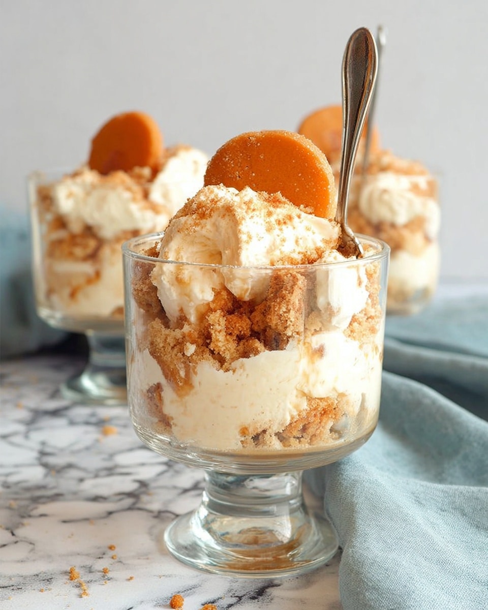 A round clear glass dish shows a layered banana pudding dessert with a layer of creamy pale yellow pudding at the bottom, topped with a layer of whole round golden brown vanilla wafer cookies sprinkled with fine crumbs. A scoop has been taken out, revealing the creamy mixture with soft banana slices mixed inside. A silver ice cream scoop rests on the edge of the dish, with some pudding stuck to it. Behind it, a bunch of yellow bananas rests on a white marbled surface, and in the background on the right, there is a clear glass bowl filled with the same pudding topped with vanilla wafer cookies and a spoon inside. The overall setting is bright with a white marbled background. photo taken with an iphone --ar 4:5 --v 7