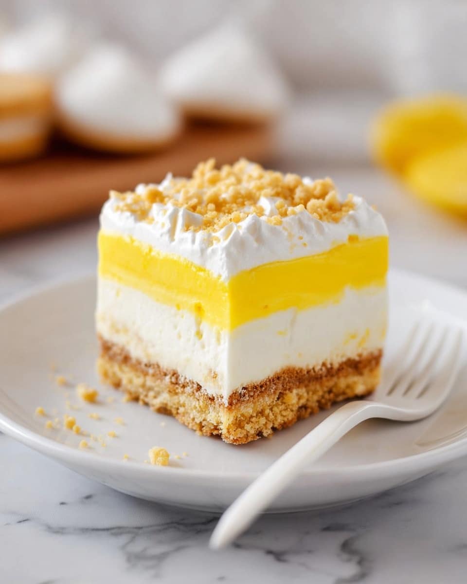 A square piece of layered dessert sits on a white plate with a white fork beside it. The dessert has four visible layers: the bottom layer is a crunchy light brown base, above it is a thick creamy white layer, followed by a bright yellow smooth layer, and on top is a thick white fluffy layer sprinkled with small crunchy light brown crumbs. The background shows a blurred white marbled surface and some round treats in the distance. Photo taken with an iphone --ar 4:5 --v 7