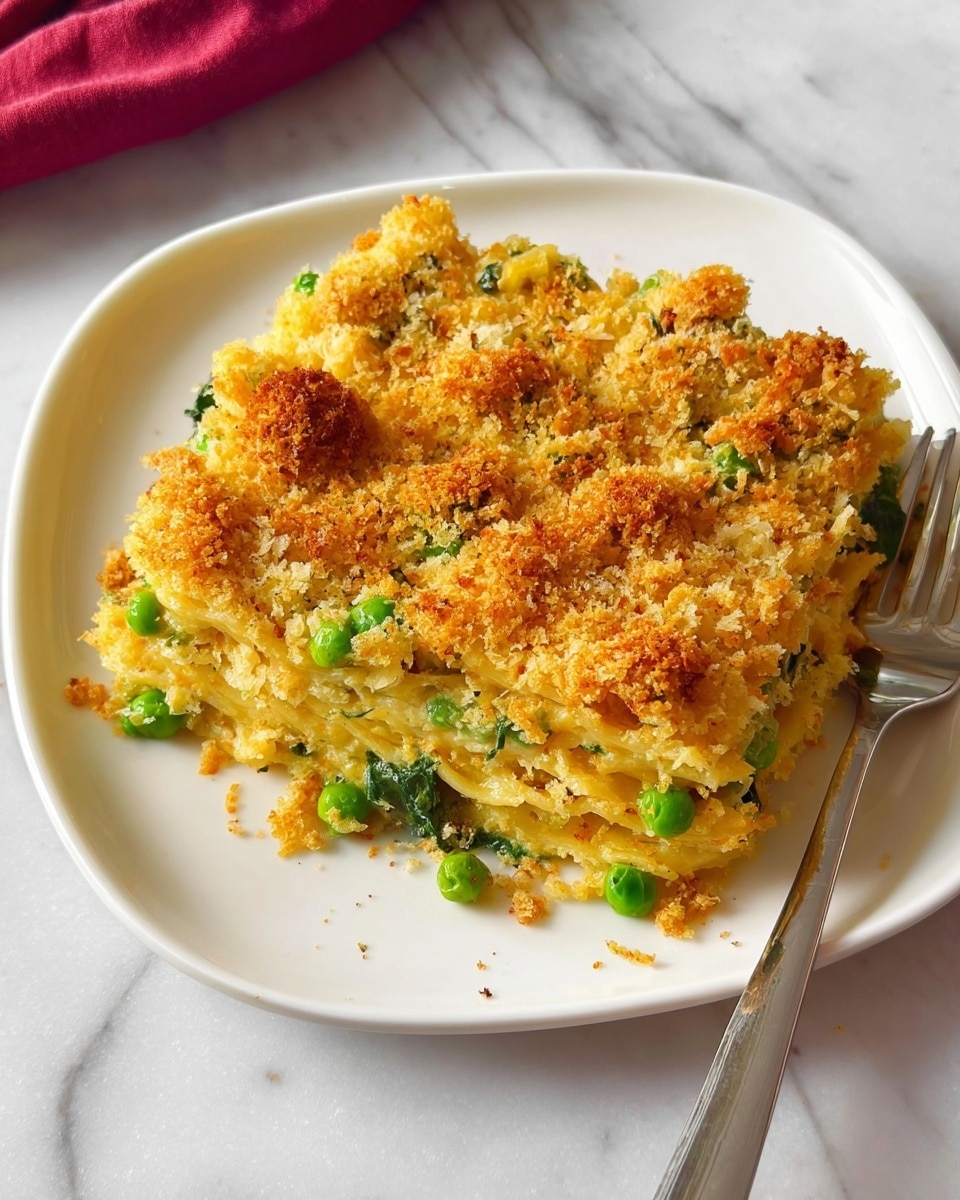 A rectangular glass baking dish filled with a golden brown baked casserole that has a crispy, crunchy top layer of toasted breadcrumbs and melted cheese. The surface is uneven with small browned spots and hints of orange melted cheese visible under the breadcrumbs. A wooden spoon rests inside the dish on the upper left corner, partially covered by the topping. The casserole layers underneath have hints of creamy texture with bits of herbs peeking through near the sides. The dish is set on a white marbled surface with green spinach leaves and a decorative white beaded trim visible on the left side. Photo taken with an iphone --ar 4:5 --v 7