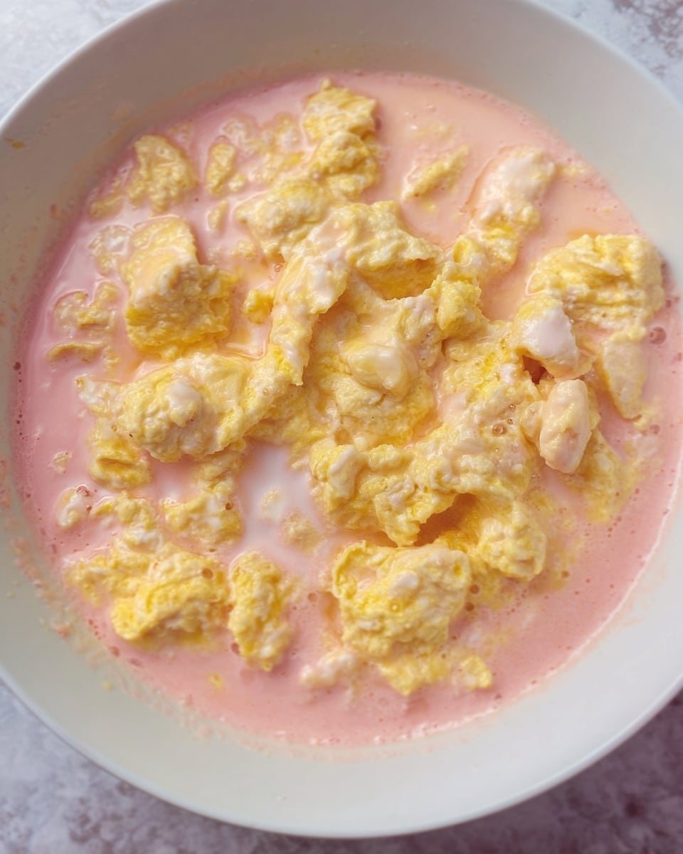 The image shows a close-up view of a dish with scrambled eggs covered in a light pink sauce. The eggs have a soft, scrambled texture with small chunks scattered unevenly across the white bowl. The pink sauce surrounds and partially soaks into the eggs, creating a smooth, creamy layer on top. The background is a white marbled texture. photo taken with an iphone --ar 4:5 --v 7