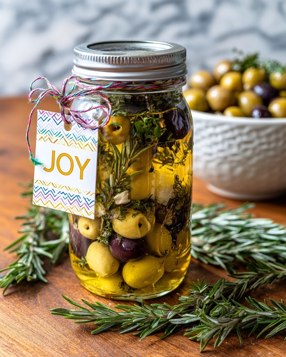 A clear glass jar with a metal lid filled with layers of different ingredients inside; the bottom layer is a golden-yellow liquid, followed by a layer of small pale yellow chunks, dark purple olives, and bright green herbs scattered throughout. The jar has a white tag with the word