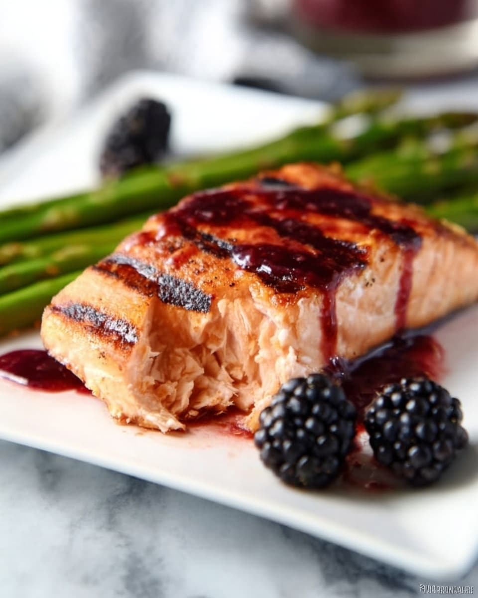 The image shows a piece of grilled salmon placed in the middle of a white square plate, topped with a reddish-purple sauce that drips on the plate. The salmon has grill marks with a golden-brown color and a flaky texture where a small bite is taken out. Behind the salmon are several green asparagus spears aligned horizontally. To the right front corner of the plate, there are two dark purple blackberries. The plate sits on a white marbled surface, and the background is softly blurred. photo taken with an iphone --ar 4:5 --v 7