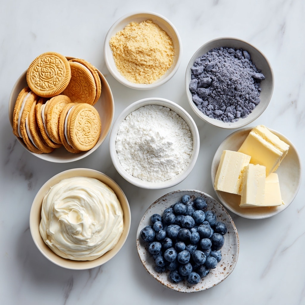 The image shows a thick slice of a layered dessert on a white marbled surface. The bottom layer is crumbly and golden brown, resembling a biscuit or cookie base. Above that is a creamy white layer mixed with small dark purple bits, likely berries. Next is a smooth, light purple layer that looks soft and creamy. On top of this is a thick, fluffy white cream layer. The dessert is topped with many white chocolate curls scattered all over the upper surface. A woman's hand is gently touching the slice from the right side. Photo taken with an iphone --ar 4:5 --v 7