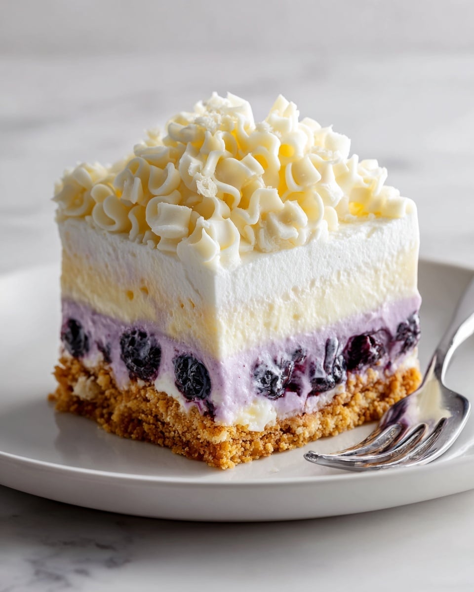 A square slice of blueberry lasagna is shown on a white plate over a white marbled surface. The dessert has five clear layers from bottom to top: a thick golden crumbly crust, a creamy white layer with visible whole blueberries mixed in, a smooth light purple blueberry-flavored cream layer, a thick fluffy white cream layer, and on top, a generous pile of white chocolate curls with a smooth curly texture. A shiny metal fork lies next to the plate, enhancing the dessert’s inviting look. Photo taken with an iphone --ar 4:5 --v 7
