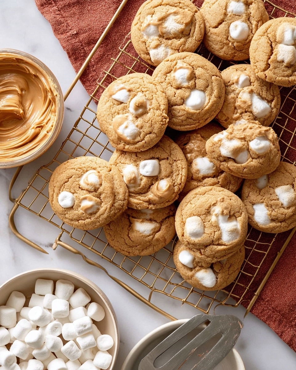 The image shows a group of soft, round cookies with a light brown color, each containing small white marshmallow pieces that peek through the surface. The cookies are placed closely on a gold cooling rack over a white marbled background. To the left, there is a bowl with smooth peanut butter, and in the bottom right corner, there is a white bowl filled with small, white marshmallows. A metal spatula rests near the marshmallow bowl, and the overall scene gives a cozy baking feel. photo taken with an iphone --ar 4:5 --v 7