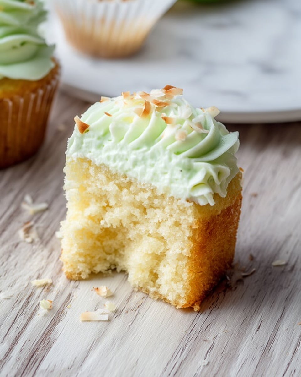 The image shows a close-up of light yellow cupcakes with one visible cupcake in front and three blurred in the back on a white plate with a delicate cut-out pattern at the edge. Each cupcake has one thick swirl of pale green frosting, textured with soft ridges, decorated with small, thin light brown coconut flakes scattered over the frosting. A fresh, bright green lime wedge with smooth skin tops each swirl, positioned slightly tilted. To the right on the plate, part of a halved lime is visible with bright green skin and juicy pale green inside. The whole scene is set on a white marbled surface, with soft natural lighting enhancing the fresh and light appearance. Photo taken with an iphone --ar 4:5 --v 7