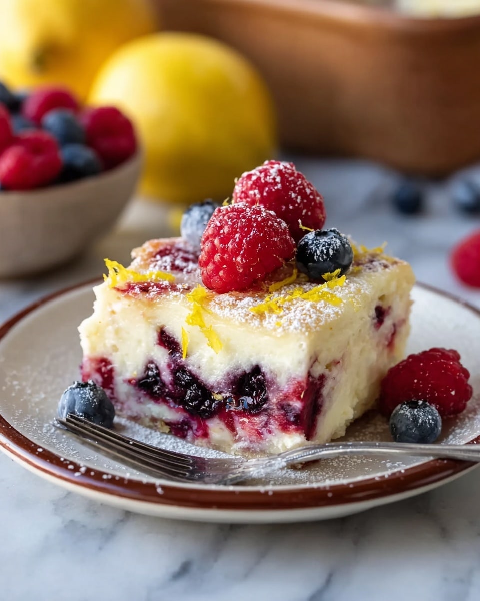 A single square piece of creamy white cheesecake layered with mixed dark purple and red berries is placed on a white plate with a brown rim. The cheesecake shows berries embedded inside and on top, with bright red raspberries and a few blueberries sitting on the top layer. Yellow lemon zest is sprinkled over the berries and cheesecake, along with a light dusting of white powdered sugar. The plate rests on a white marbled surface, and a silver fork is placed to the side. In the background, there are blurred lemons and more mixed berries. photo taken with an iphone --ar 4:5 --v 7