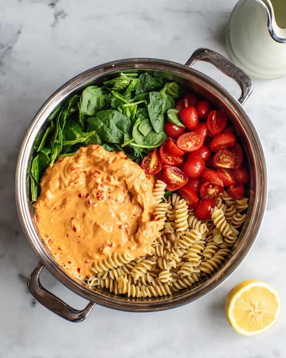 A stainless steel pot sits on a white marbled surface, filled with separate layers of ingredients. The bottom right layer has light beige spiral pasta with a firm texture. Above the pasta is a large scoop of thick orange creamy sauce with visible red specks. To the left of the pasta and sauce is a layer of fresh dark green spinach leaves, some chopped and some whole. The top right section of the pot is filled with halved bright red cherry tomatoes showing their juicy interiors. A halved lemon lies beside the pot on the white marbled surface, with part of a white pitcher visible in the top right corner. photo taken with an iphone --ar 4:5 --v 7