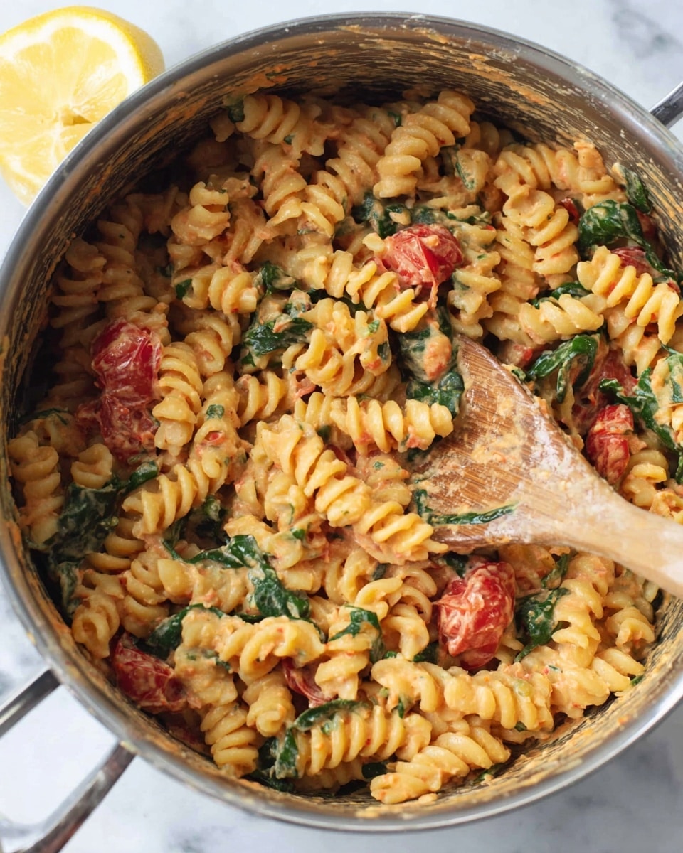 A close-up view of creamy pasta in a silver pot, showing spiral-shaped noodles coated in a light orange creamy sauce mixed with bright green spinach pieces and halved cherry tomato slices. A wooden spoon with some of the pasta and spinach rests inside the pot, with bits of sauce on it. In the top left corner, a half lemon is visible on a white marbled surface. The stainless steel pot has some sauce stains along the edges. Photo taken with an iphone --ar 4:5 --v 7