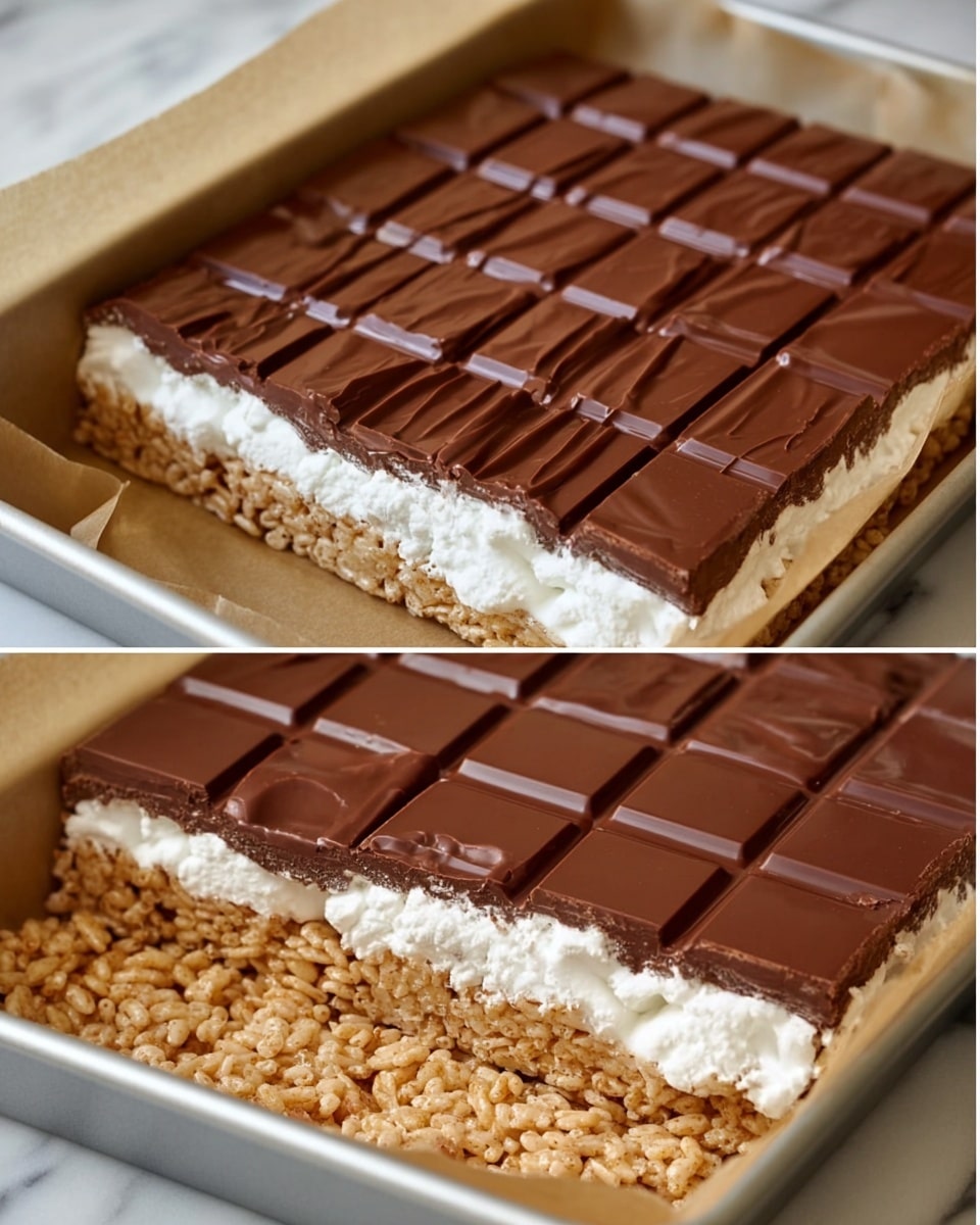 The image shows a three-layered dessert in a rectangular tray lined with parchment paper on a white marbled surface. The bottom layer is made of textured light brown rice cereal treats pressed firmly to fill the tray and form the crust. The middle layer consists of fluffy, white marshmallow spread evenly above the cereal base. The top layer features thick, smooth milk chocolate; in the first part of the image, solid milk chocolate bars are neatly placed over the marshmallow layer, while in the second part, the chocolate bars have melted and been spread evenly in a glossy, shiny layer covering the marshmallow entirely. photo taken with an iphone --ar 4:5 --v 7