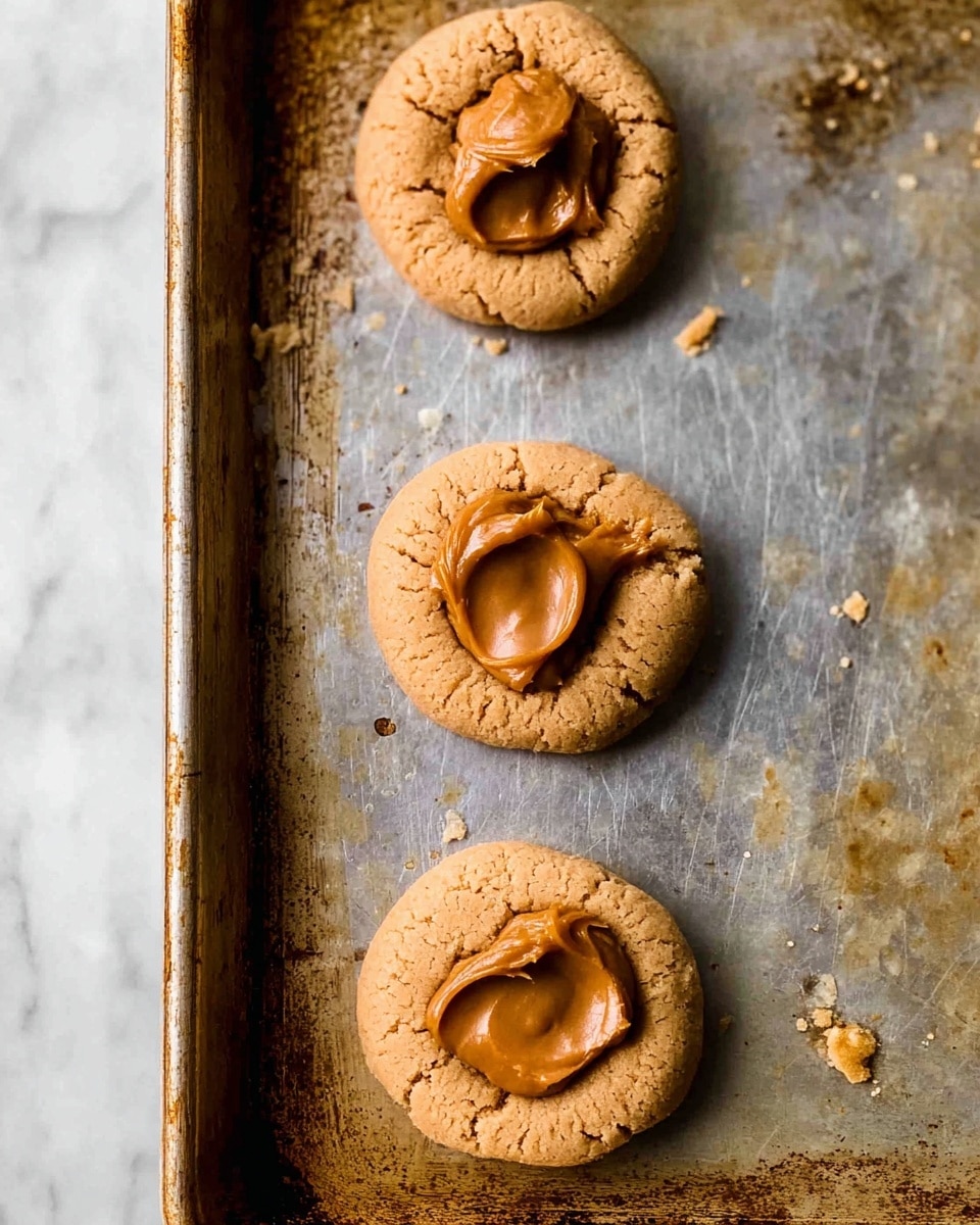 Three round peanut butter cookies sit on a well-used metal baking tray, each with a dollop of smooth, darker peanut butter placed in the center. The cookies have a soft texture with small cracks visible around the edges. The tray shows signs of heavy use, with brown rust and baked-on spots, contrasting with the lighter shades of the cookies. The background is a white marbled surface. photo taken with an iphone --ar 4:5 --v 7