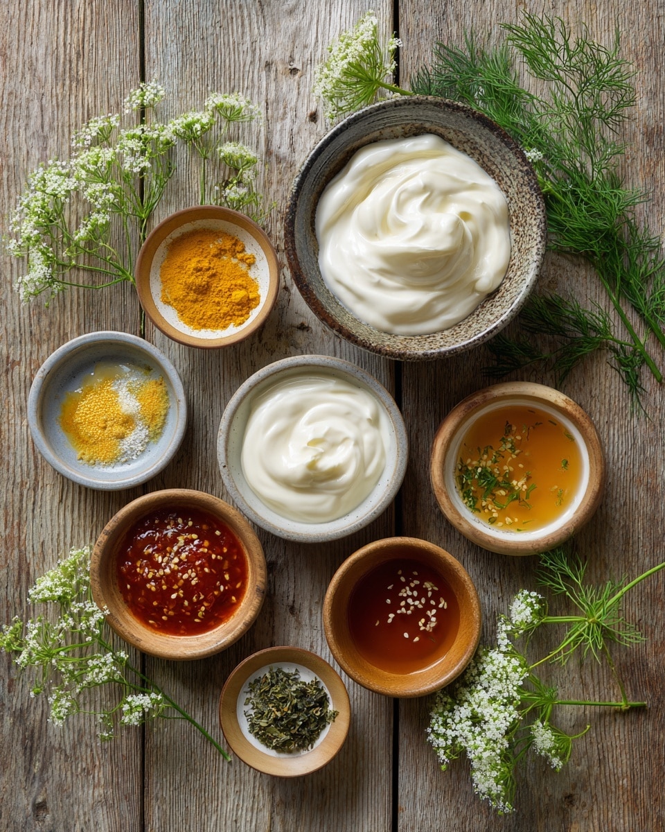 A top view of nine small bowls arranged on a wooden table with fresh green dill and small white flowers beside them; the bowls contain various ingredients including two different yellow spice powders, creamy white sauce with a drizzle of honey, white cream, a red chili sauce with seeds, a light amber liquid, dried green herbs, and a dark brown liquid; one bowl is larger, rustic speckled ceramic holding thick white cream with texture, while the rest are smaller plain or wooden bowls; the different colors and textures create a bright and natural look photo taken with an iphone --ar 4:5 --v 7